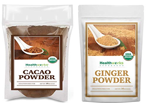 Organic Cacao Powder & Ginger Powder Combo (16oz/1lb) - Raw, Vegan, Gluten-Free Superfood for Baking, Smoothies & Wellness Drinks