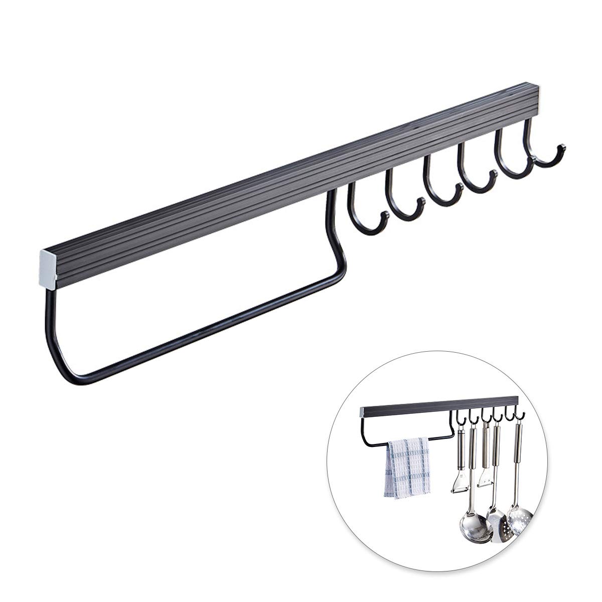 Wall-Mounted Kitchen Utensil Holder with 6 Hooks, No-Drilling Hanging Rack for Bathroom, Bedroom, Office, and Kitchen Organization
