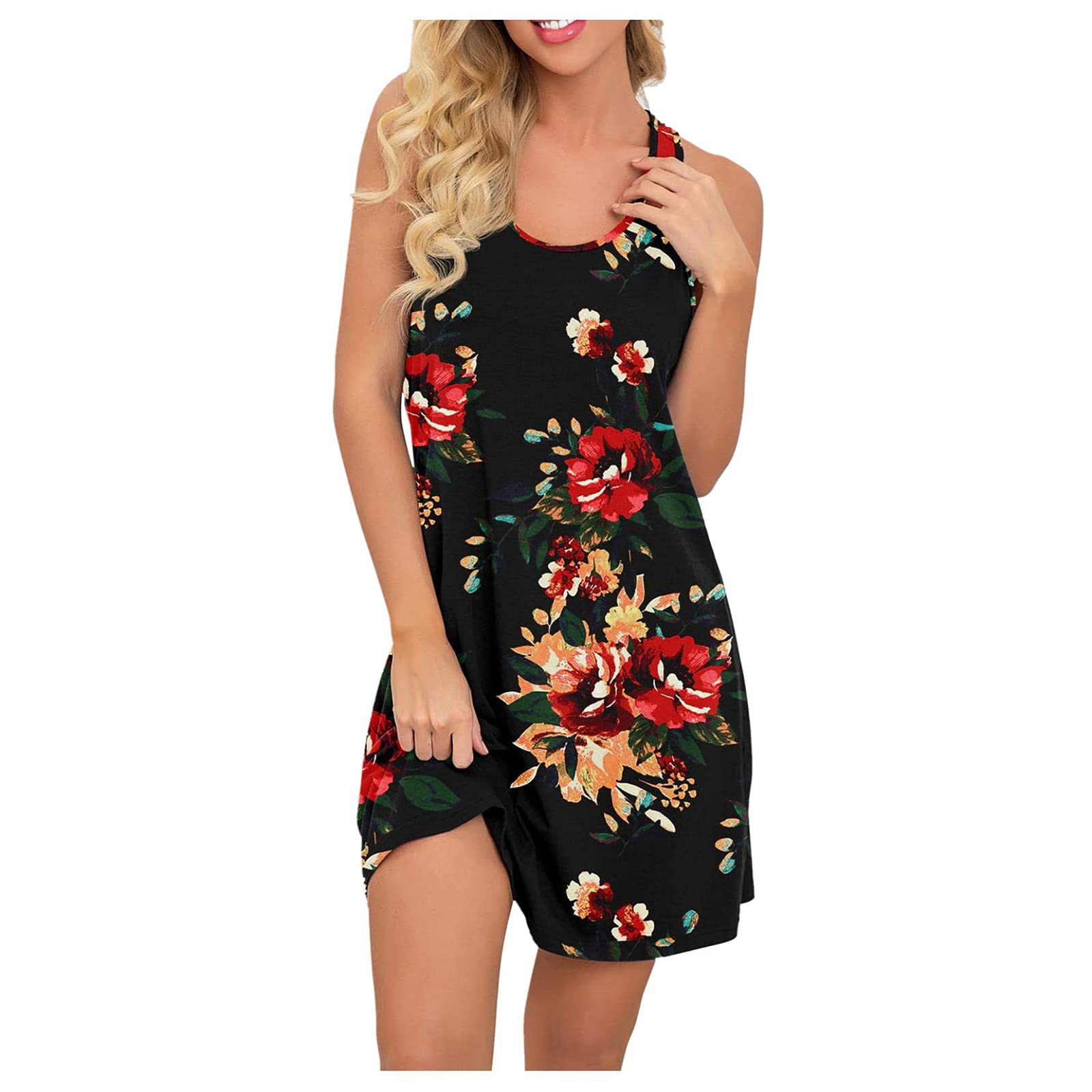 Women's Summer Casual Dress - Round Neck Sleeveless Floral Print Nightdress | Perfect for Beach Vacations, Evening Outings & Summer Parties
