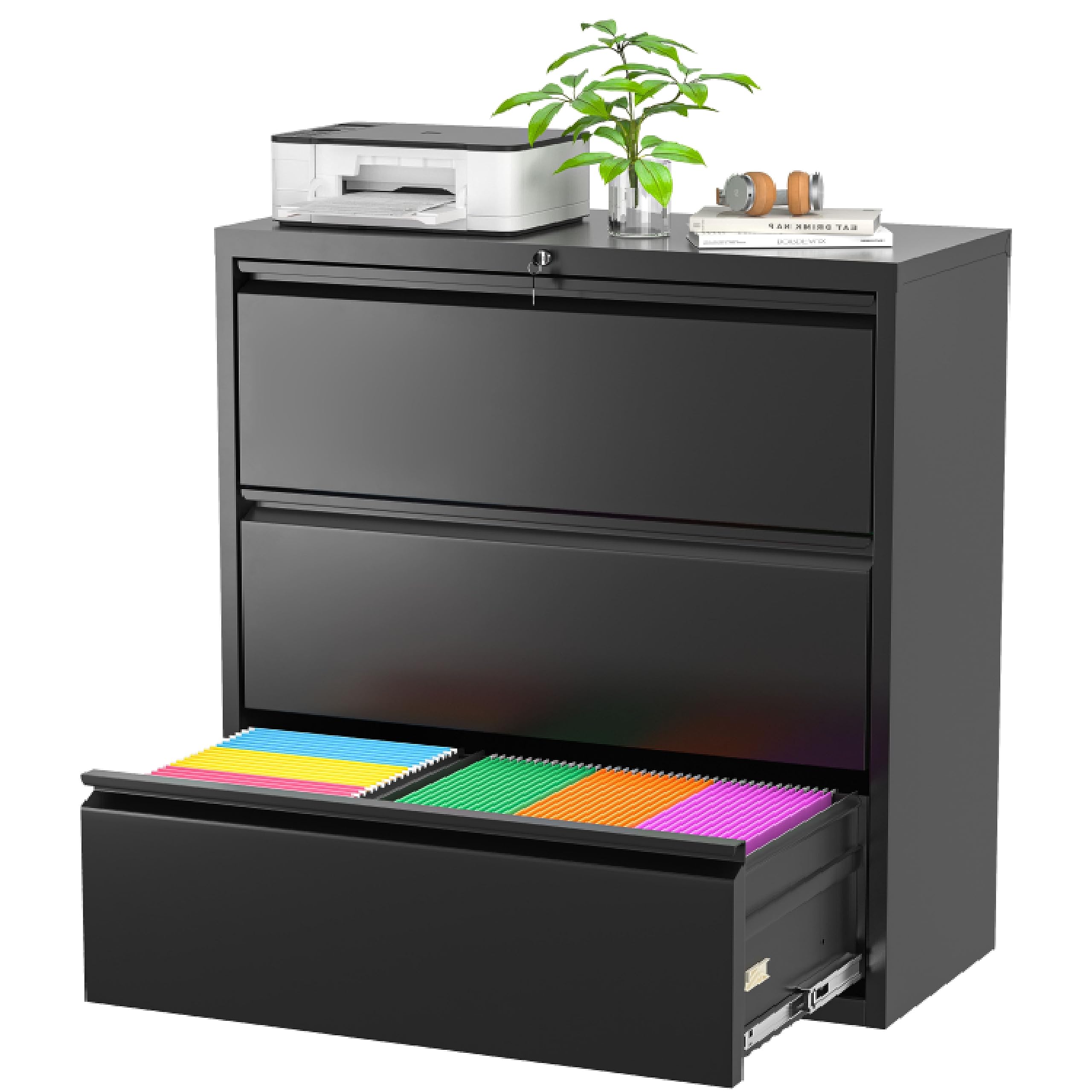 Superday 3-Drawer Lateral File Cabinet - Black Metal Locking Office Filing Cabinet for Letter/A4/F4 Size Documents - Perfect for Home Office, Legal Use & Organization