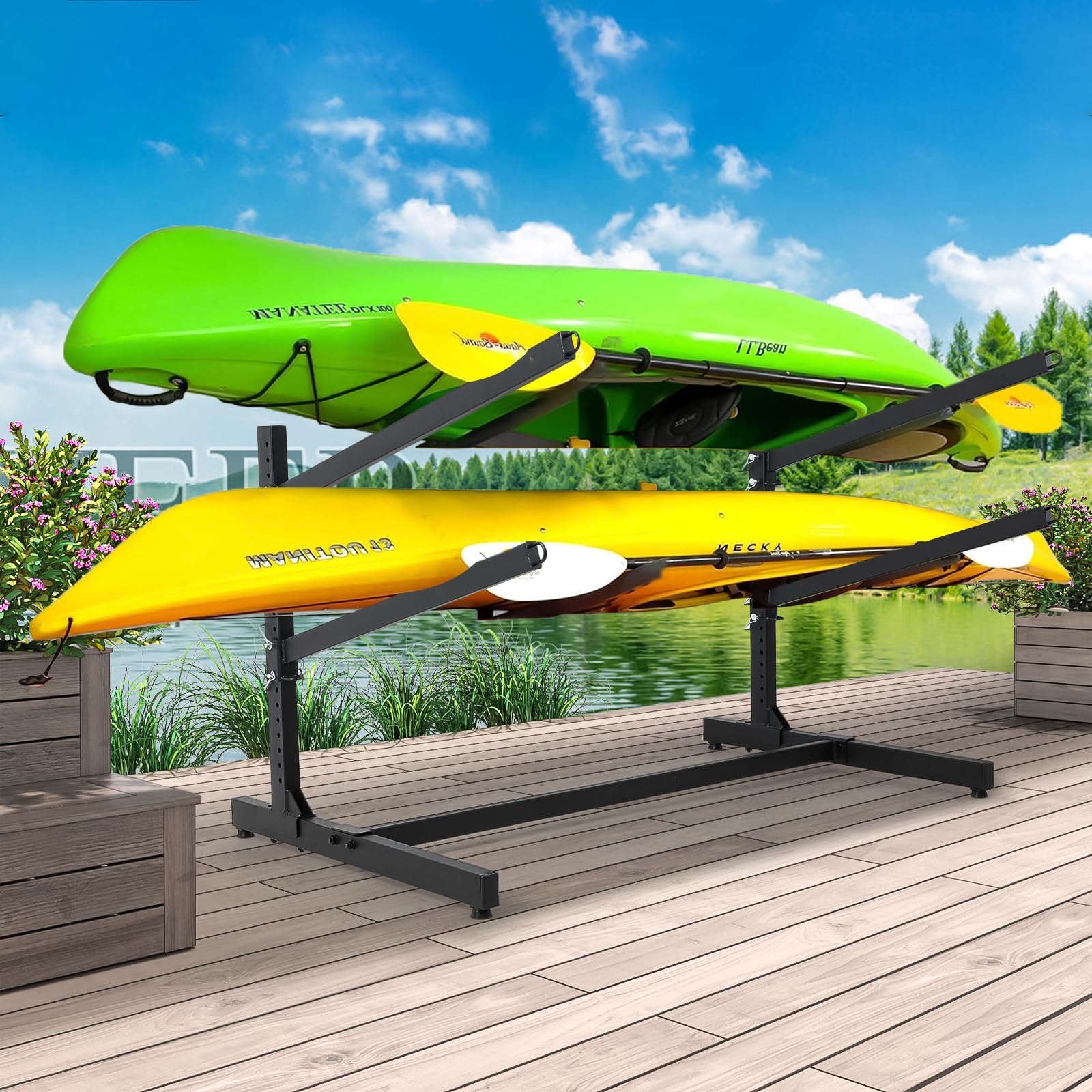 Heavy Duty Adjustable Kayak Storage Rack - Freestanding Steel Canoe, Paddleboard & Surfboard Stand for Indoor Outdoor Use - Perfect for Garage, Shed, Dock, Backyard, and Beach Storage