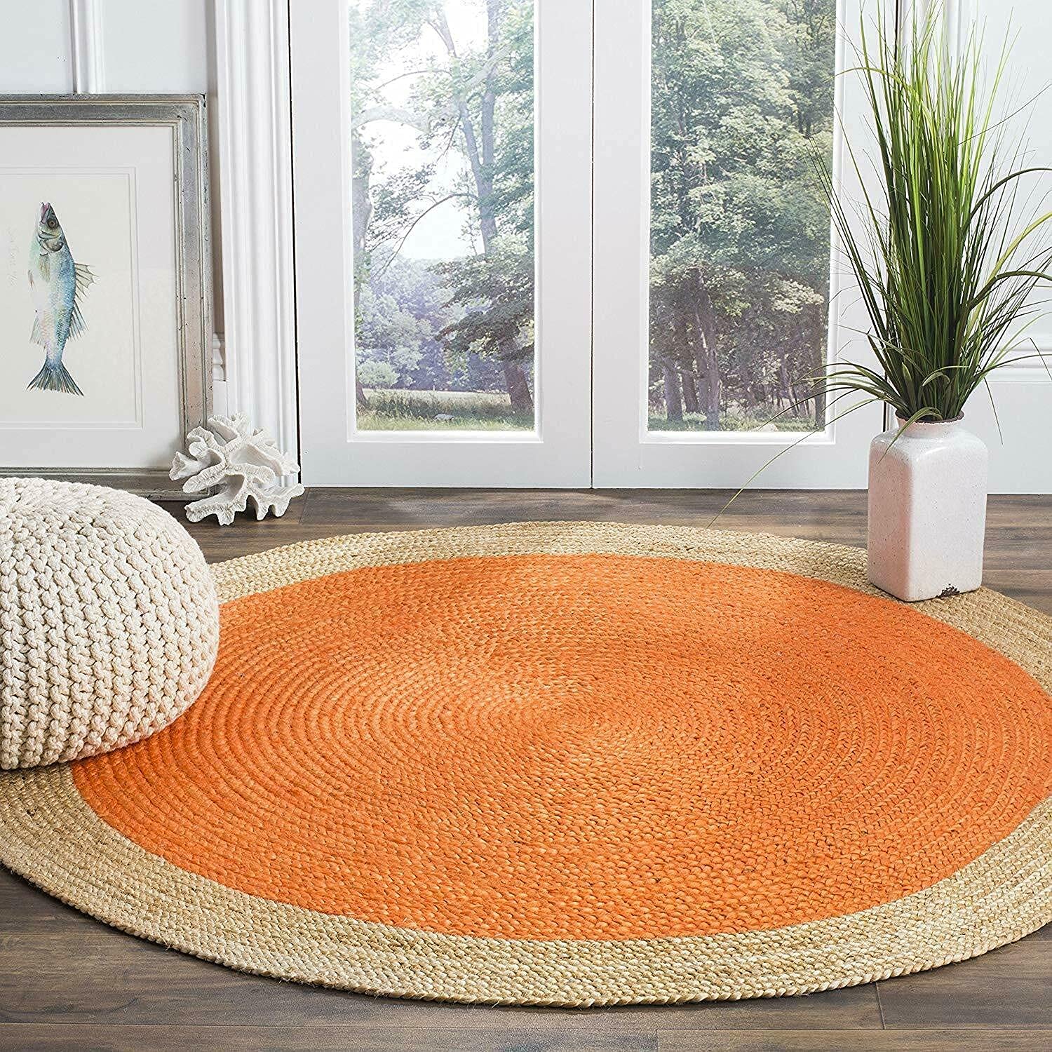 Handmade Natural Jute Round Farmhouse Rug - 11x11ft Braided Area Carpet for Living Room, Bedroom, Kitchen | Indoor/Outdoor Use | Orange Boho Decor | Perfect for Cozy Home, Patio & Dorm Room