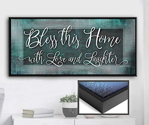 Religious Wall Decor - Blessed Home Sign with Love Quote - Rustic Housewarming Gift for Living Room - Teal & Black Floating Frame 42x19 - Perfect for Farmhouse, Christian & Spiritual Home Decor