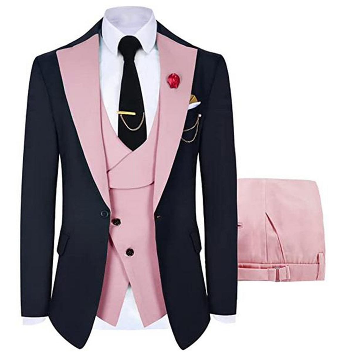Stylish Men's 3-Piece Pink Color Block Suit Set with Single Button - Perfect for Weddings, Prom, Business Meetings & Formal Events