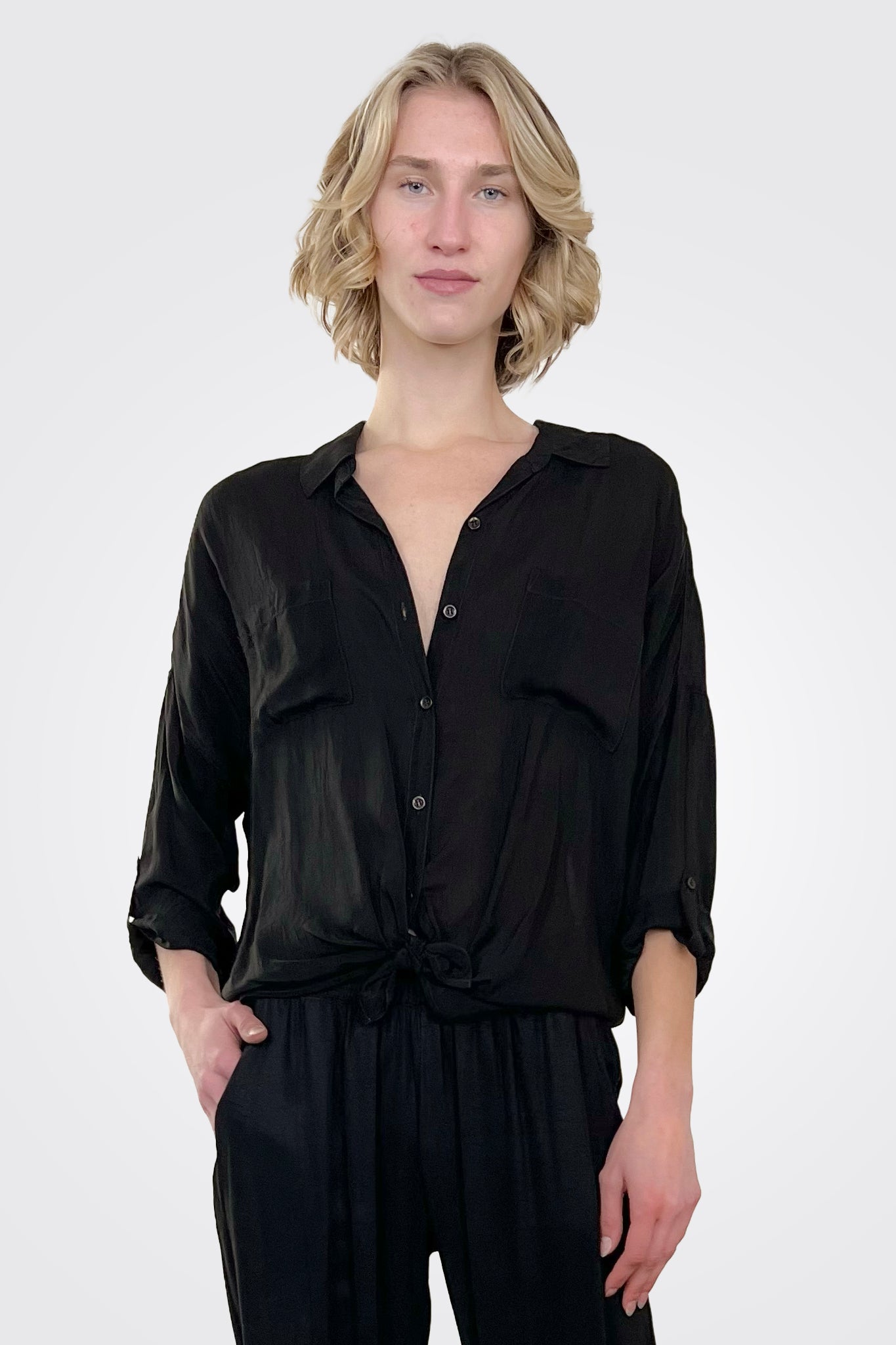 Cargo Pocket Tie Front Top for Women - Stylish Black Shirt with Utility Pockets - Perfect for Casual Outfits, Streetwear & Outdoor Adventures