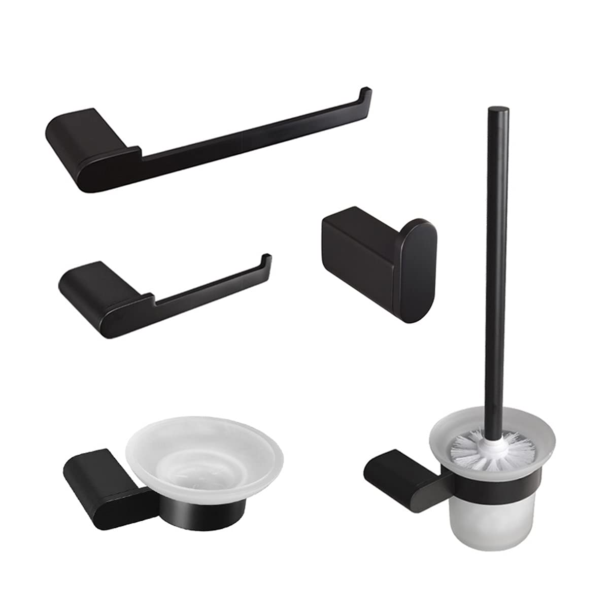 Premium Matte Black Bathroom Hardware Set - 5 Piece Towel Hanger, Stainless Steel Towel Ring, Soap Dish, Toilet Paper Holder & Brush Holder | Modern Bathroom Accessories for Home & Hotel Decor