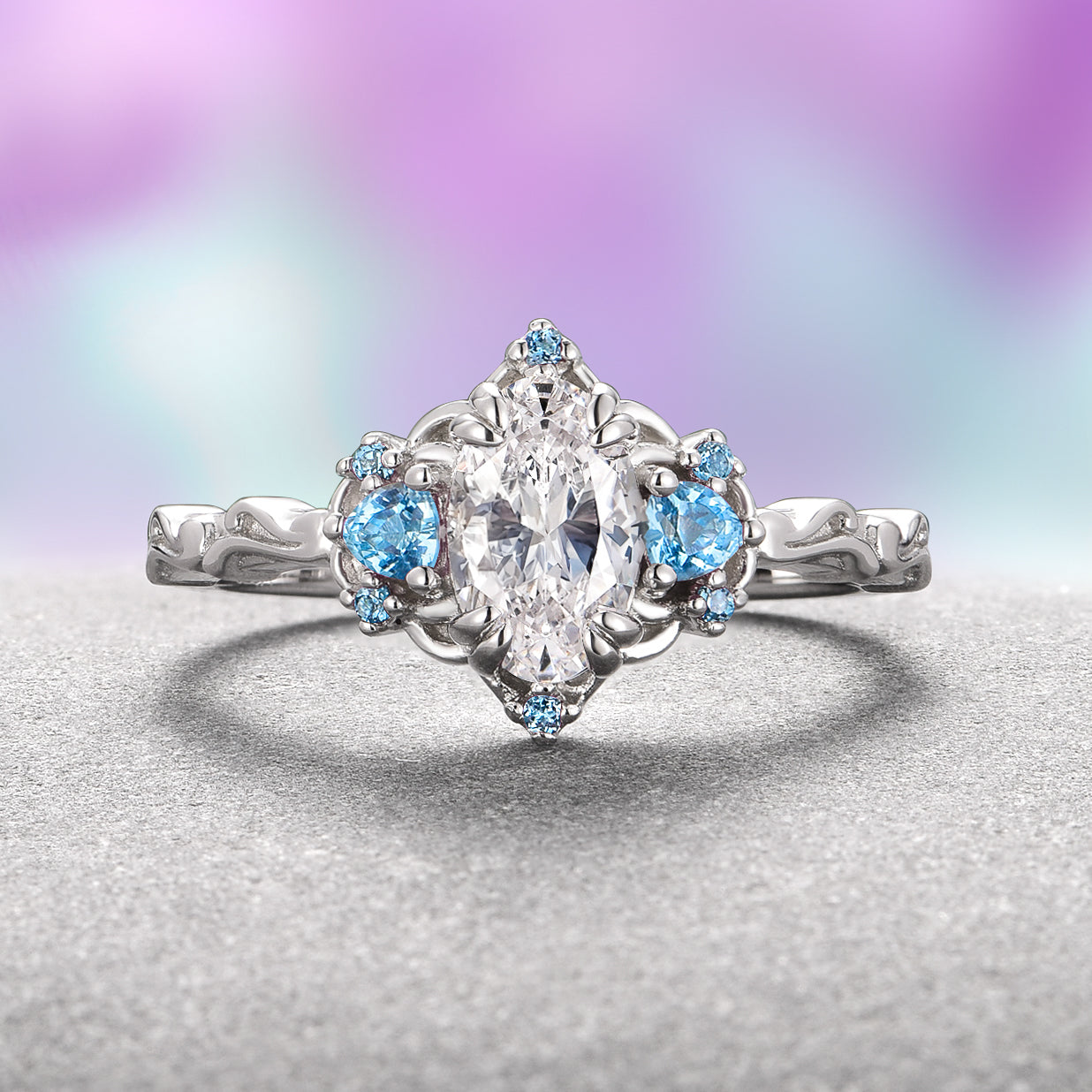 14K White Gold Esme Moissanite & Sky Blue Topaz Ring - Elegant Wedding, Engagement, Anniversary Gift for Her