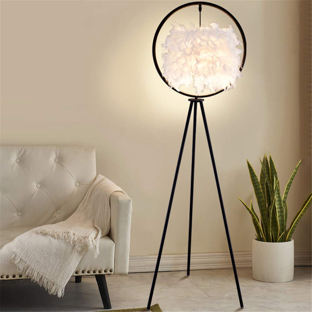 BAYCHEER Modern Circular Tripod Floor Lamp with Feather Shade - Adjustable Standing Light for Living Room, Bedroom, Office - Black Iron Reading & Task Lighting - Perfect for Cozy Corners, Workspaces and Home Decor
