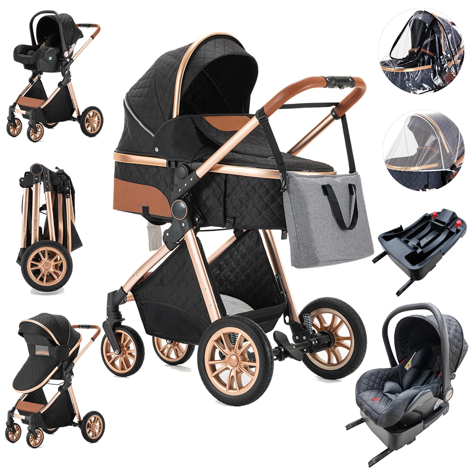 3 in 1 Baby Stroller with Car Seat - Lightweight Travel Stroller, One-Click Foldable Design, Durable Aluminum Frame for Newborns & Toddlers (Black) - Perfect for Shopping, Travel & Outdoor Walks