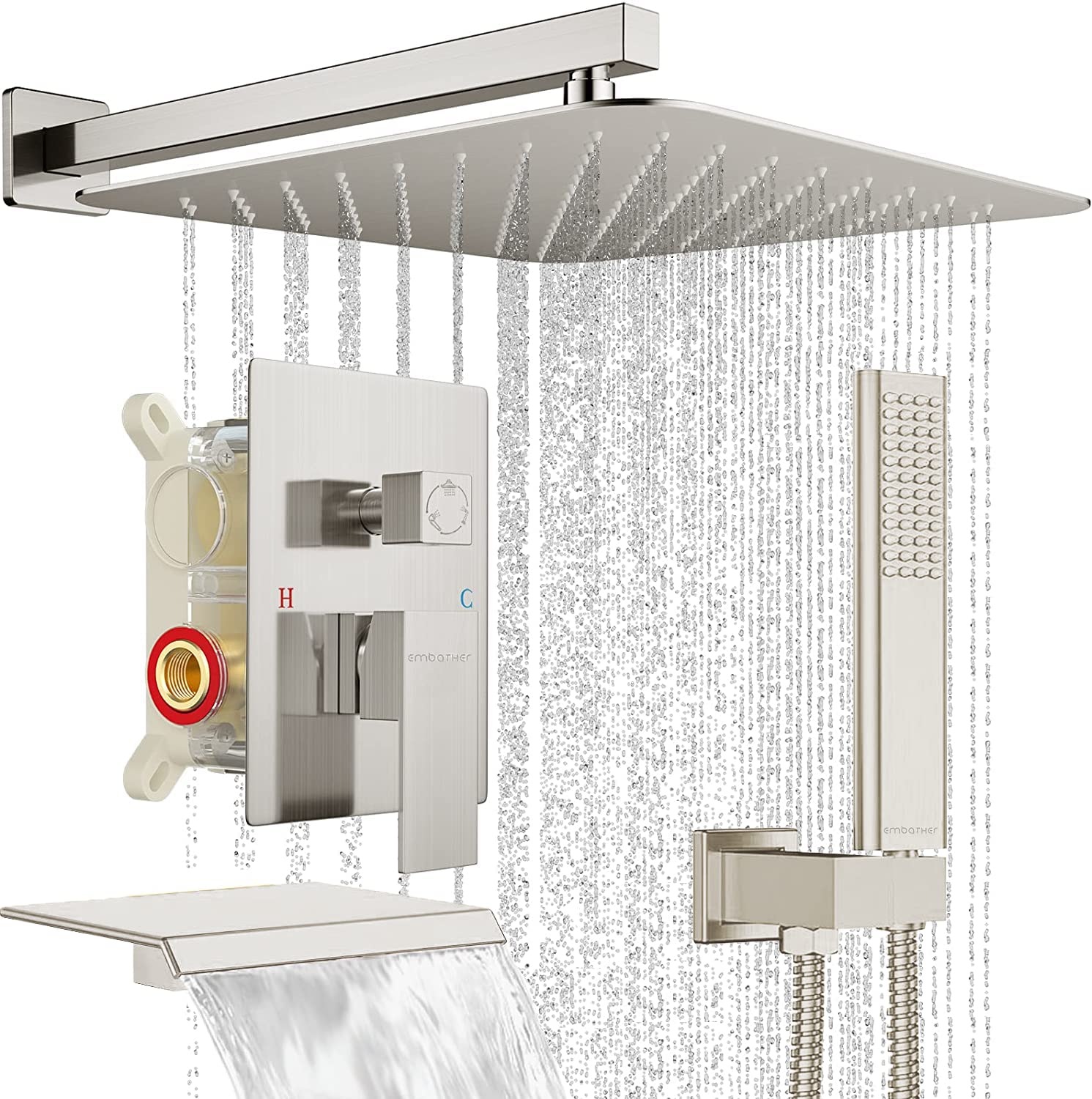EMBATHER 10-Inch Brushed Nickel Shower System with Tub Spout - High Pressure Rainfall Shower Head & Handheld Spray - Complete Bathroom Faucet Set with Valve & Trim Kit - Perfect for Master Bath & Spa-Like Shower Experience