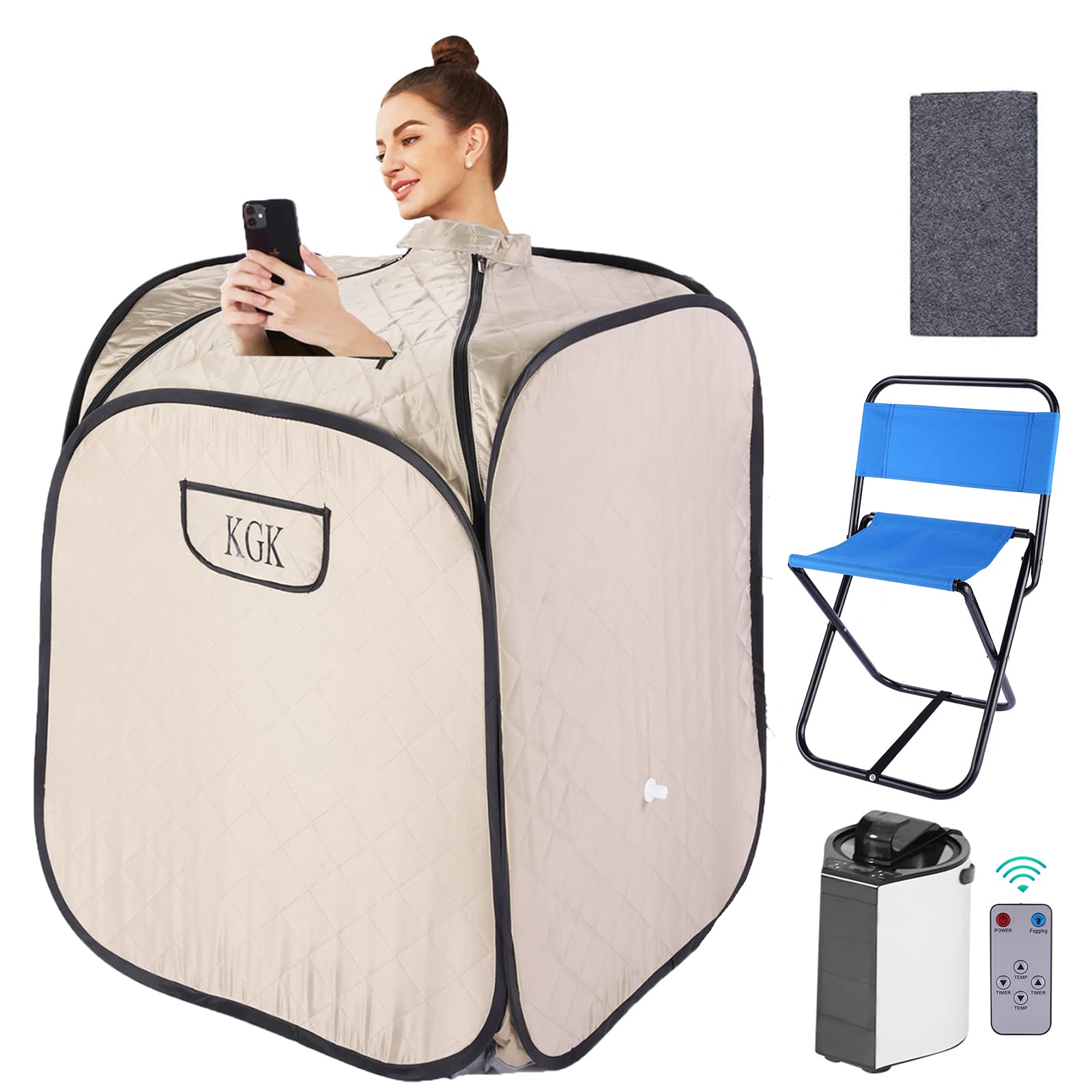 KGK Portable Steam Sauna Spa - 3L Personal Home Sauna Tent with Remote Control | Foldable Lightweight Full Body Sauna Box | Includes Steamer, Chair & Carrying Bag for Relaxation, Detox & Weight Loss at Home or Travel