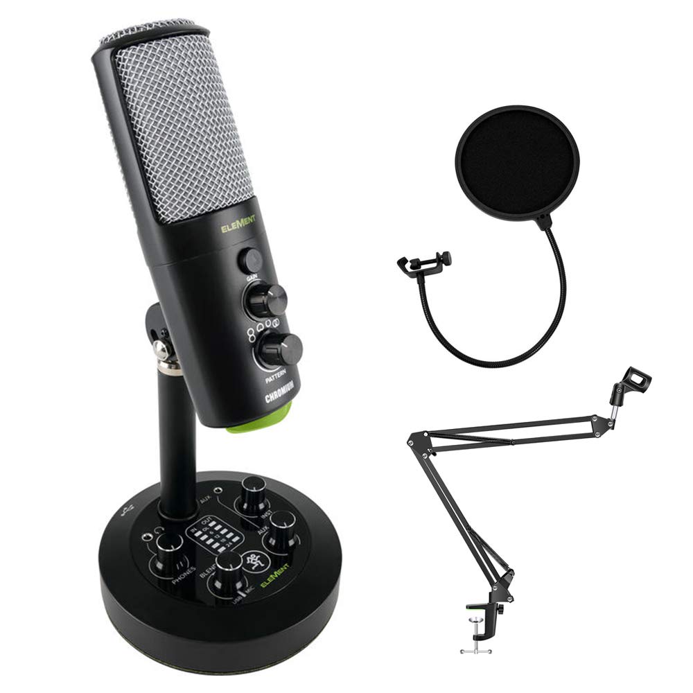Mackie EleMent Series Chromium USB Condenser Microphone with Built-in Mixer, Mic Boom Arm Stand & Studio Headphones - Perfect for Podcasting, Streaming, Home Recording & Voice Overs