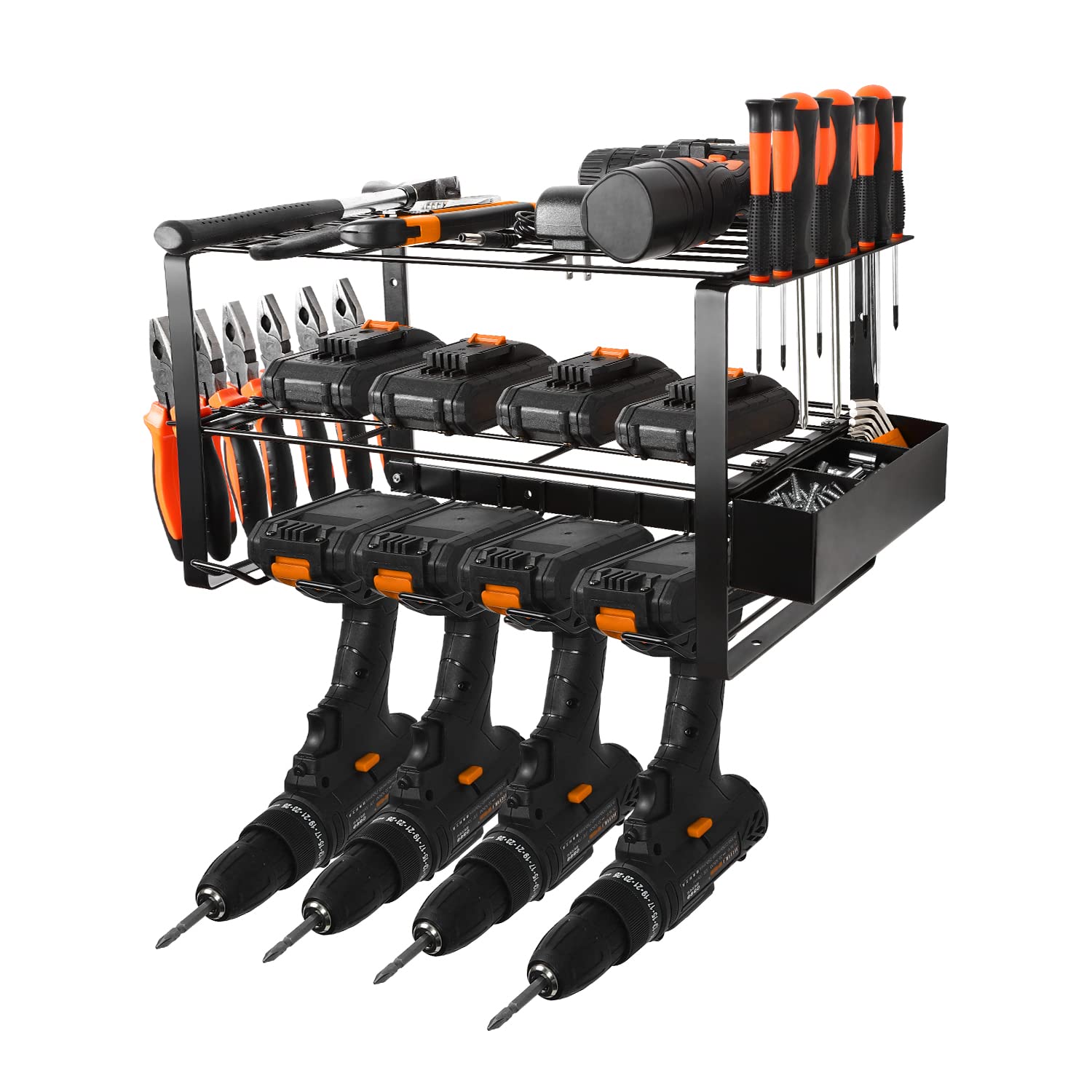 ZVMTTOY Heavy Duty 3-Layer Metal Power Tool Organizer - Wall Mount Drill Holder & Garage Storage Rack for Cordless Drills, Screwdrivers | Perfect Workshop, Garage & DIY Tool Organization Solution