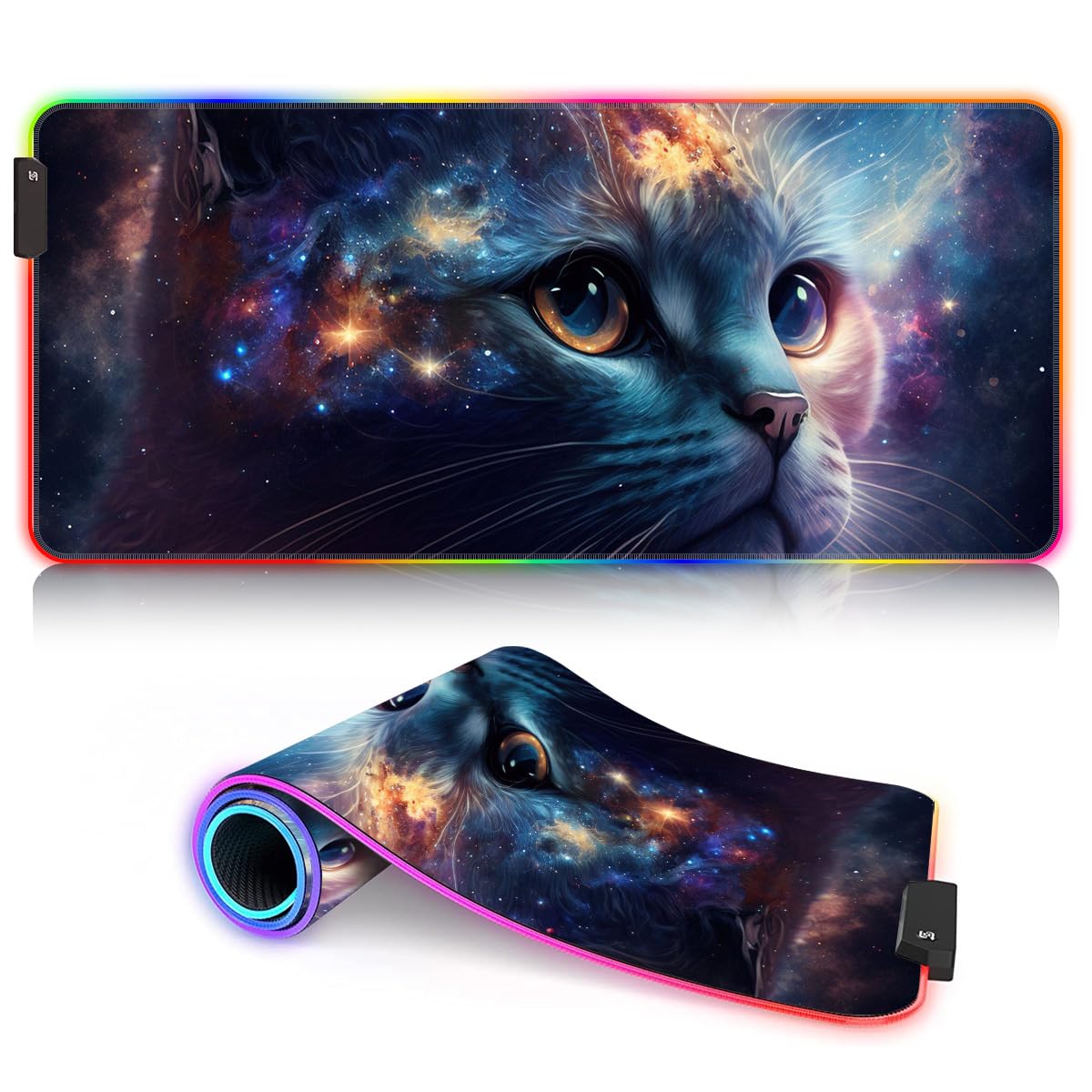 ROG Gaming Mouse Pad with LED Lights, Large Waterproof Keyboard Mouse Pad (60 x 35 x 0.3 cm) - Cat Design Desk Mat for Office & PC Gaming - Perfect for Esports, Work, and Home Computer Setup