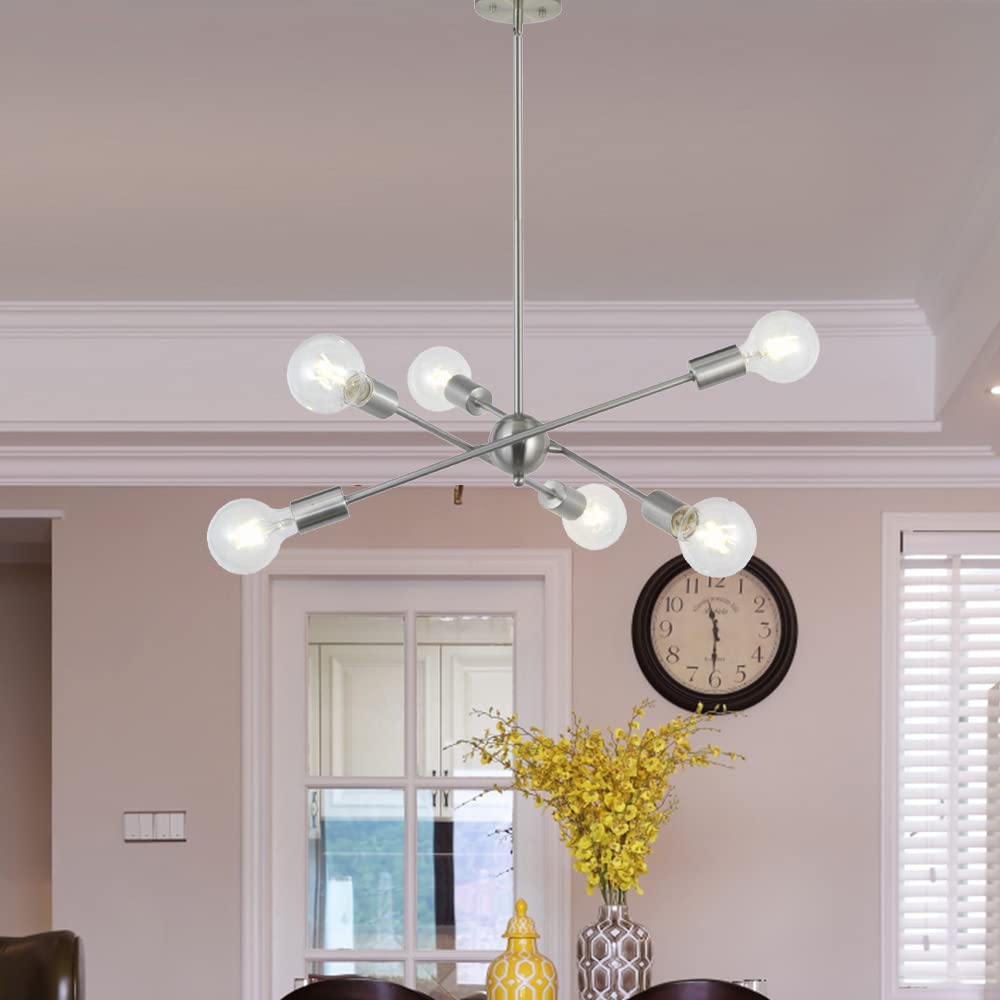BONLICHT Sputnik Chandelier - 6-Light Modern Pendant Lighting Fixture in Brushed Nickel, Mid-Century Flush Mount Ceiling Light, UL Listed - Perfect for Dining Room, Living Room or Bedroom Lighting
