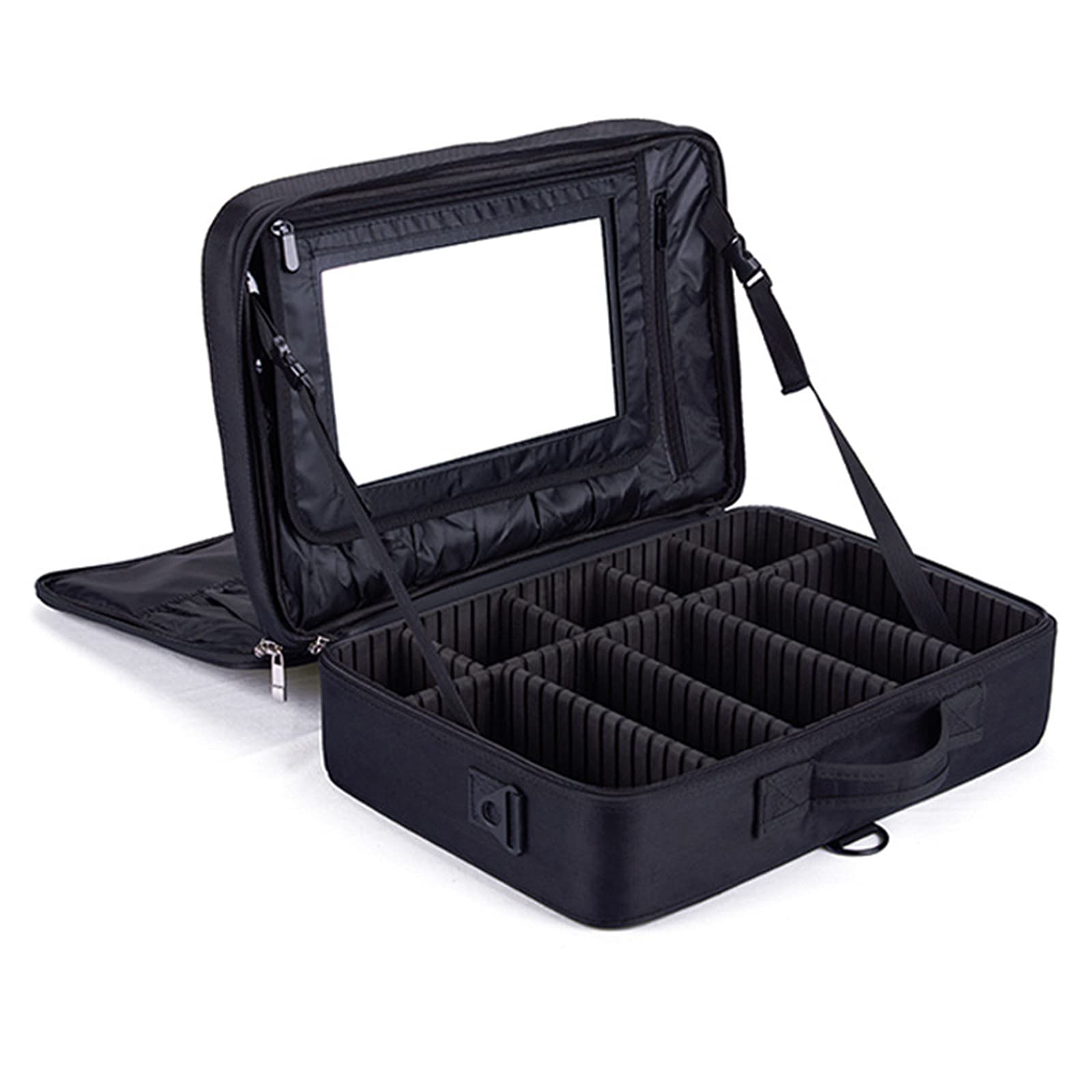 KOHGFT Travel Makeup Bag Organizer with Mirror & Shoulder Strap - Portable Multi-Layer Cosmetic Case for Women, Removable Compartments - Perfect for Business Trips, Vacations & Daily Use (Black)