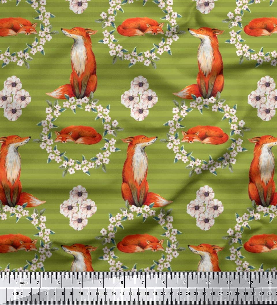 Soimoi 52 Inch Wide Green Polyester Crepe Fabric - Floral Wreath & Fox Stripe Print for DIY Dresses, Curtains & Home Decor (1 Yard)