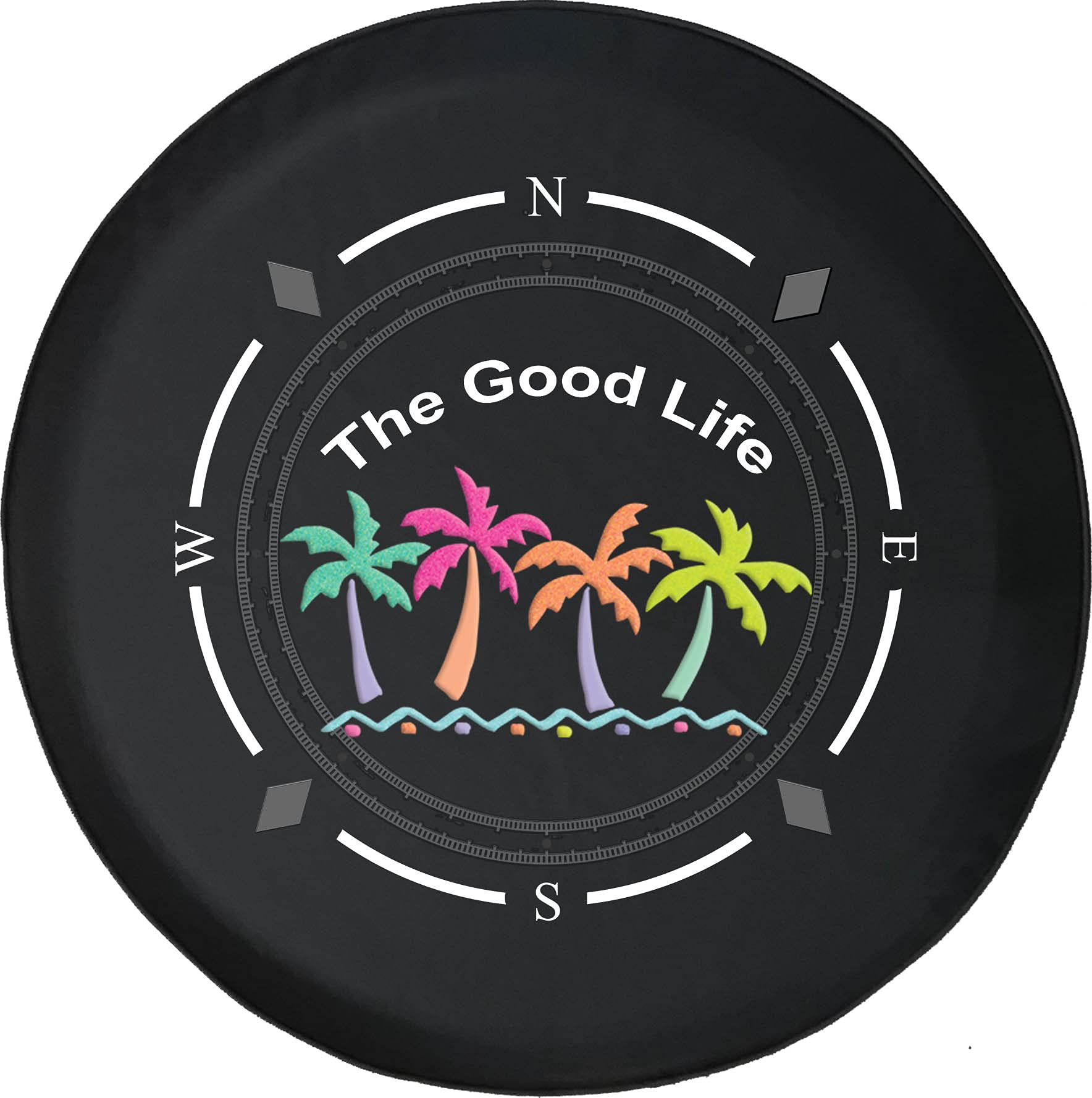 American Unlimited Spare Tire Cover with Compass Design - Vibrant Palm Tree Print Wheel Cover for SUV, Trailer & RV Accessories | Durable & Weatherproof for Road Trips & Outdoor Adventures