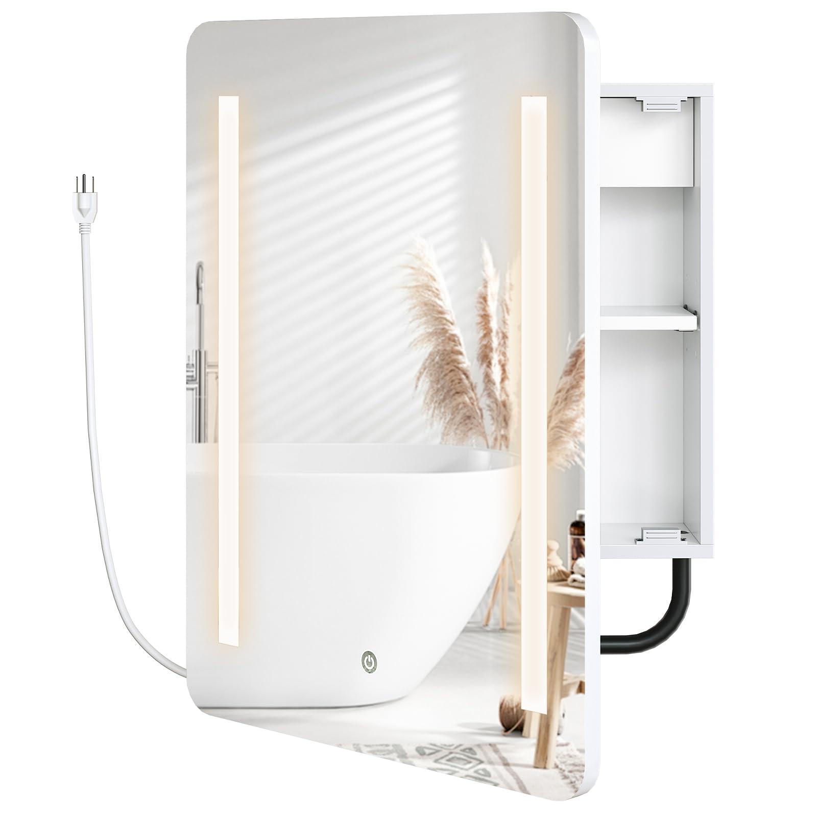 HOOBRO White Wall-Mounted LED Lighted Bathroom Medicine Cabinet with Mirror - Adjustable Shelf, Storage Space, Charging Station & 2 Power Outlets - Perfect for Modern Bathrooms, Vanities and Small Spaces