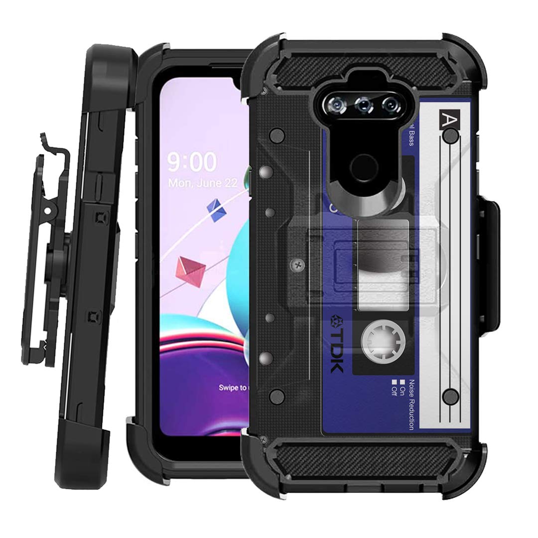 **Moriko Heavy Duty Dual Layer Protective Case with Kickstand & Belt Clip Holster for LG K8X (US Cellular) - Shockproof Rugged Cover for Outdoor, Work & Travel (Blue Cassette Tape Design)**