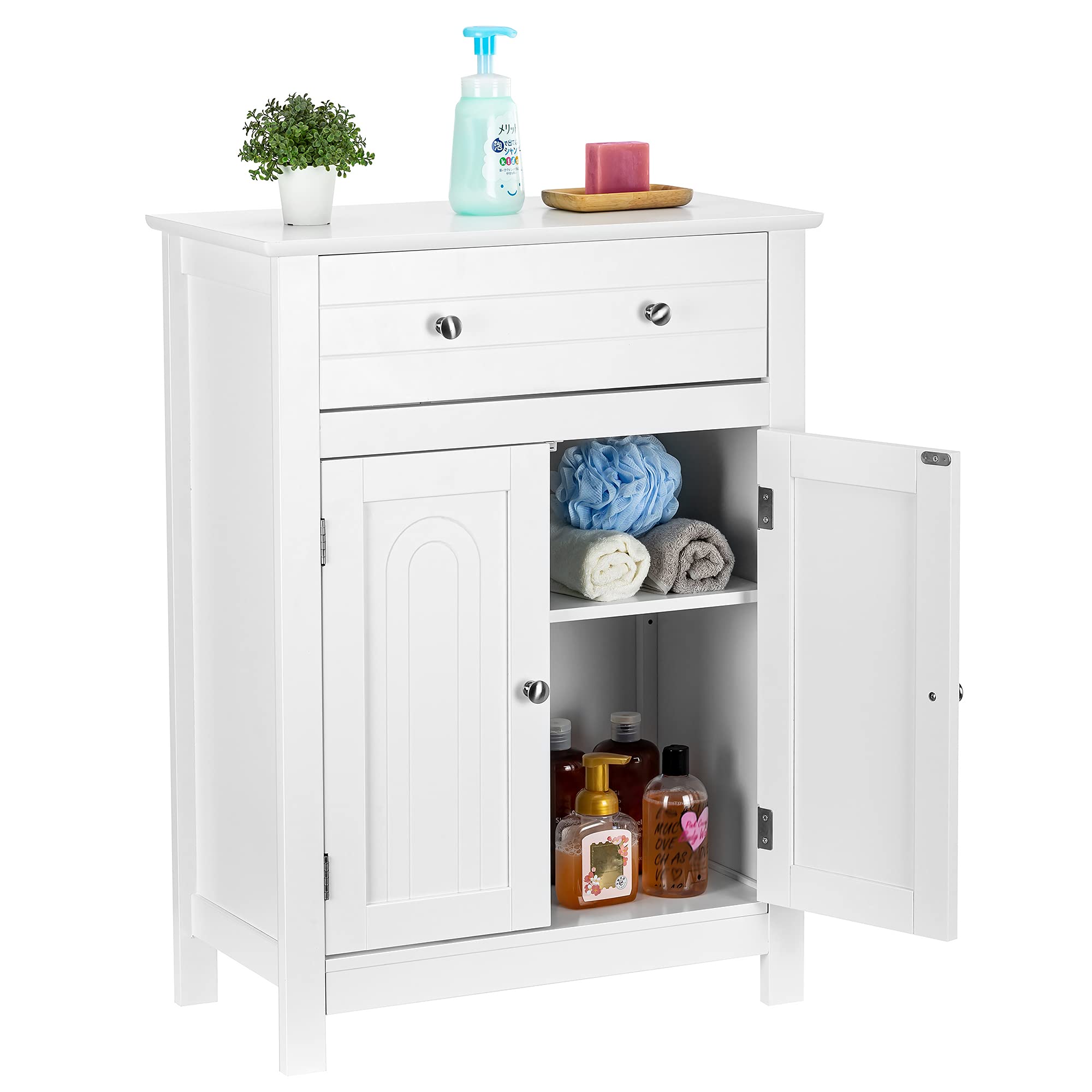 ZENODDLY White Wooden Bathroom Storage Cabinet with Doors, Shelves & Drawer - Bathroom, Kitchen, Pantry & Laundry Room Organizer for Towels, Toiletries & Supplies - Perfect for Small Space Organization & Home Decor