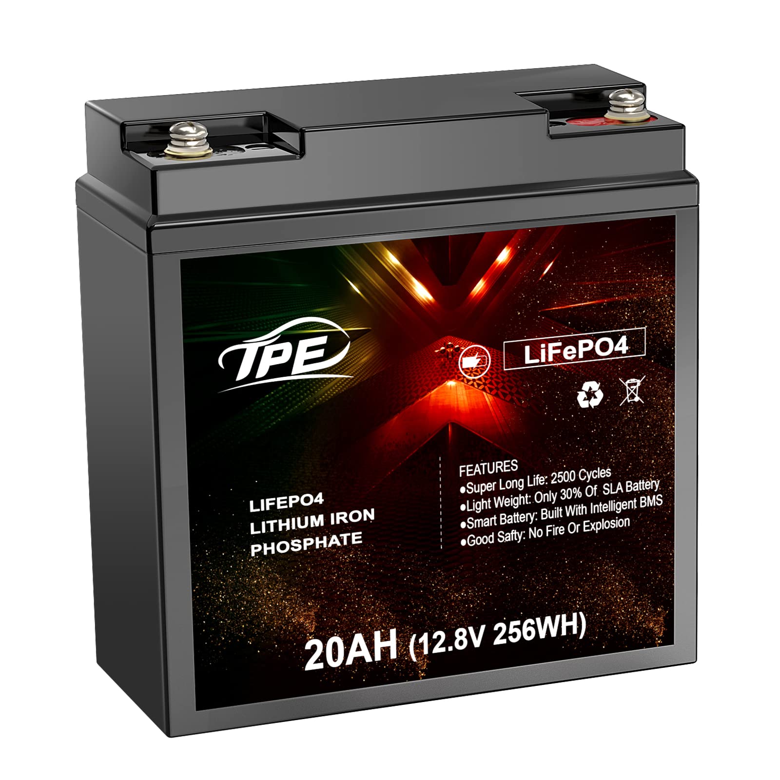 12V 20AH LiFePO4 Lithium Iron Phosphate Battery - 2500 Deep Cycles, TPE Encased - Perfect for Electric Scooters, Golf Carts, Camping, RVs & Solar Power Storage - Reliable & Long-Lasting Energy Solution