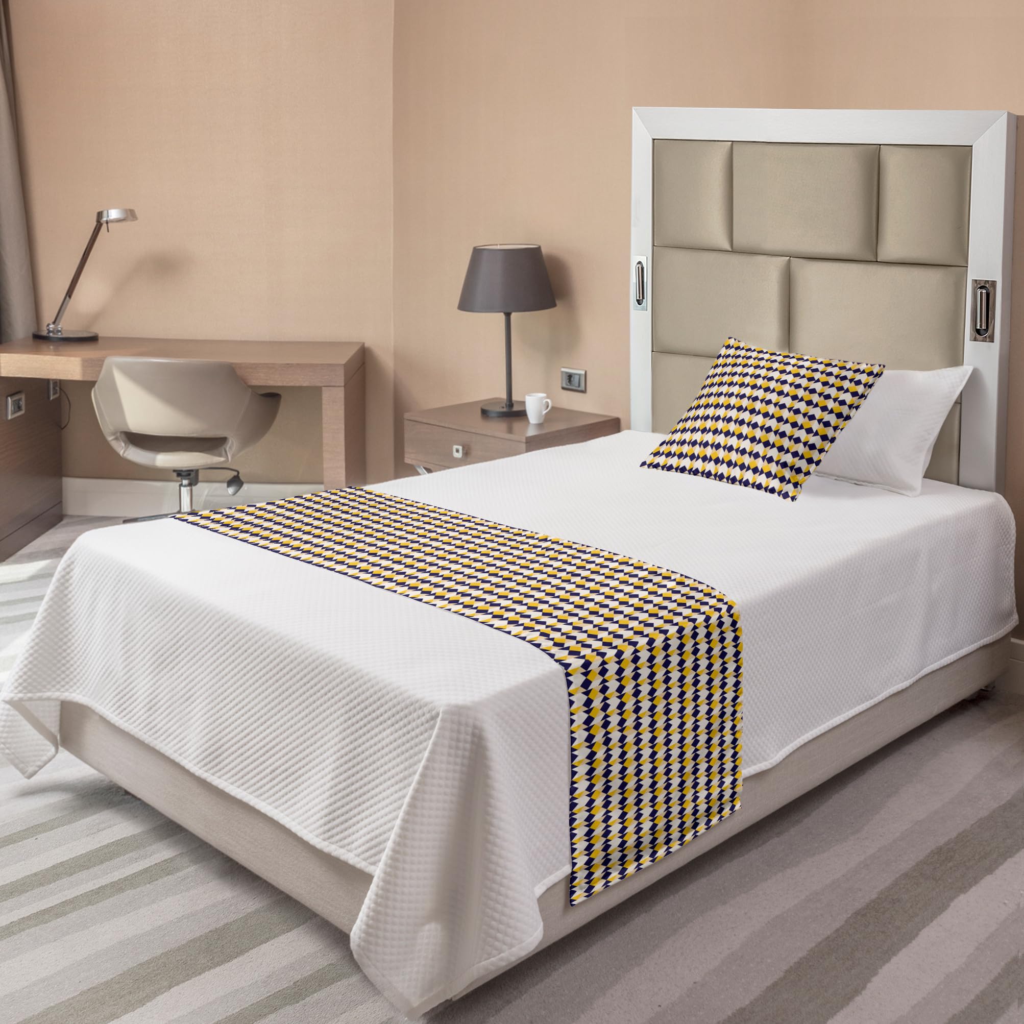 Ambesonne Geometric Bed Runner Set with Aztec Triangle Pattern - Twin Size Indigo Beige Mustard | Decorative Bed Scarf & Pillow Sham for Home & Hotel Decor | Perfect for Bohemian & Ethnic Style Bedrooms