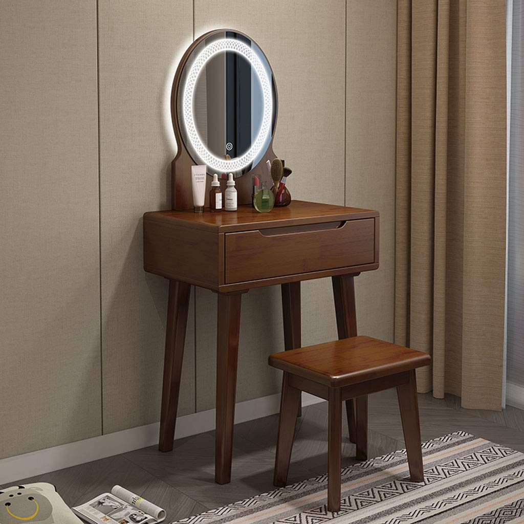 Modern Vanity Table Set with Adjustable Brightness LED Mirror & Cushioned Stool - 2 Drawers, Storage Shelf - Walnut Dressing Makeup Desk for Women & Girls - Perfect for Bedroom, Dorm, or Beauty Salon