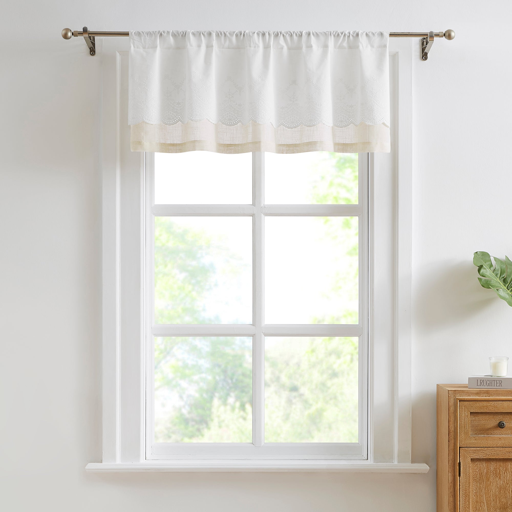 Brigitte Embroidery Eyelet Scalloped Edge Valance - Elegant Window Curtain Top for Living Room, Bedroom & Kitchen Decor