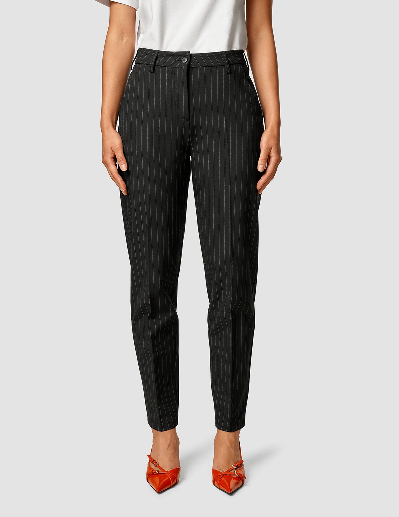Essential Tapered Pants for Men - Black with Silver Pinstripe | Slim Fit Dress Pants for Office, Business & Formal Occasions