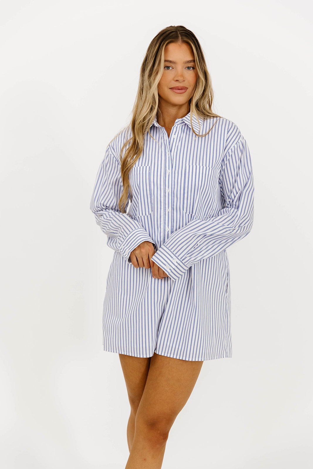 Etta Oversized Striped Shirt Romper for Women - Blue Casual Jumpsuit with Pockets | Perfect for Beach, Vacation & Summer Outfits