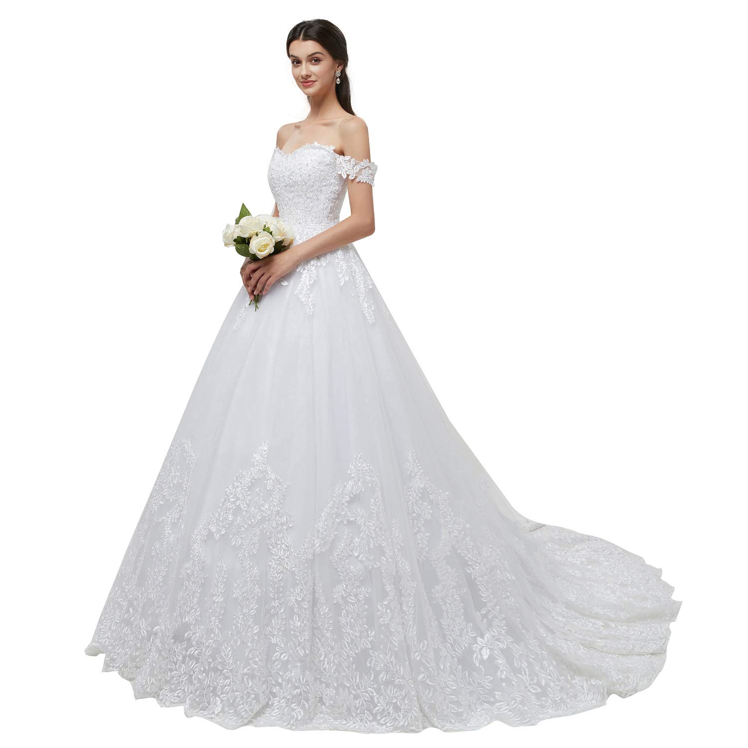 Engerla Women's Off Shoulder Wedding Dress with Applique & Chapel Train - Plus Size Bridal Ball Gown for Princess Bride | Perfect for Church Ceremony, Beach Wedding & Formal Reception
