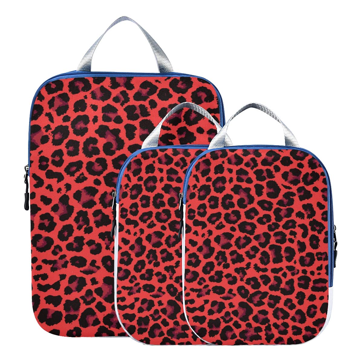 Blueangle Red Leopard Print Compression Packing Cubes Set of 3 - Expandable Travel Organizers for Suitcases, Luggage & Backpacks | Perfect for Business Trips, Vacations & Weekend Getaways