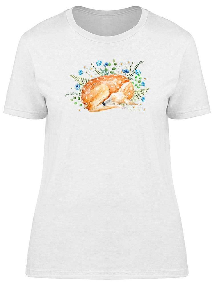 Women's White Watercolor Floral Sleeping Deer T-Shirt - Soft Cotton Casual Tee for Everyday Wear, Lounge & Outfits