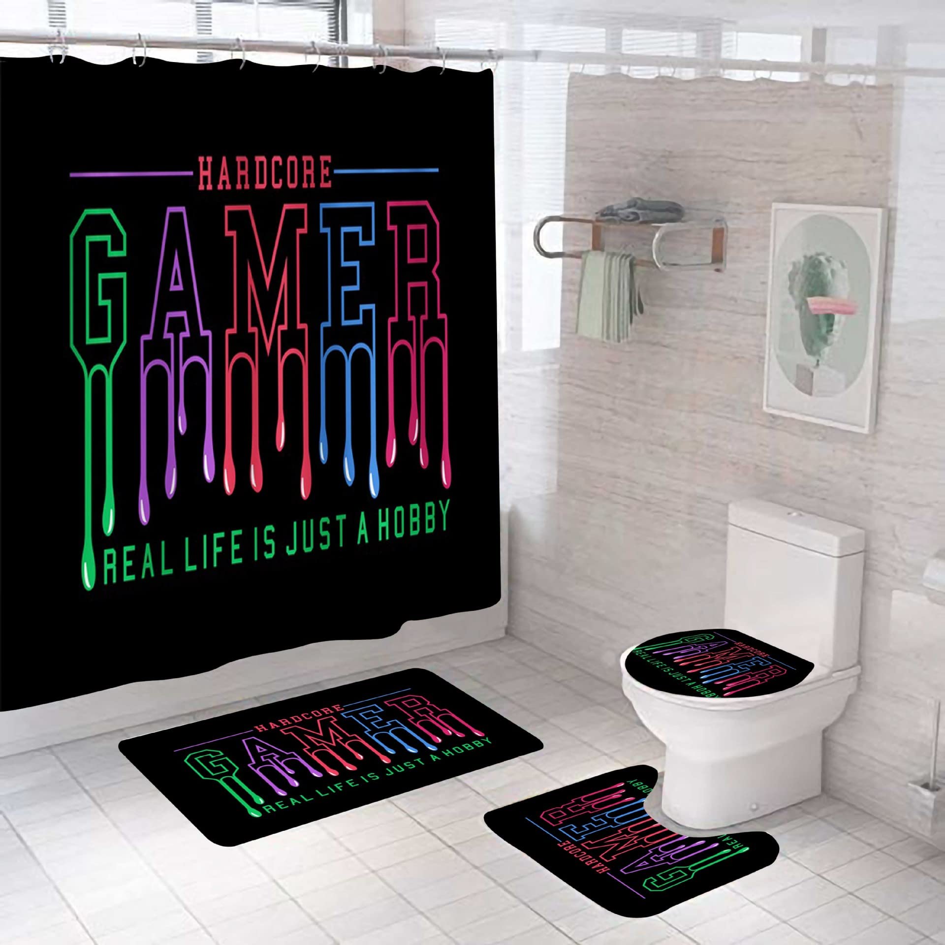 3D Printed Gamepad Shower Curtain Set with Matching Bath Mat - 4 Piece Video Game Themed Bathroom Decor for Gamer's Shower & Bathtub