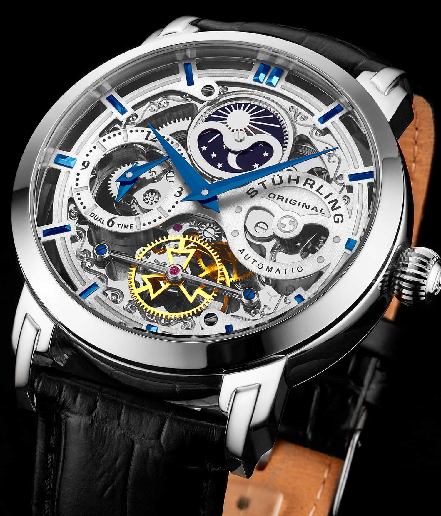 Anatol Dual Time 371 Automatic 46mm Skeleton Watch for Men - Luxury Stainless Steel Mechanical Timepiece with Exhibition Caseback - Perfect for Business, Formal Events & Gift Giving