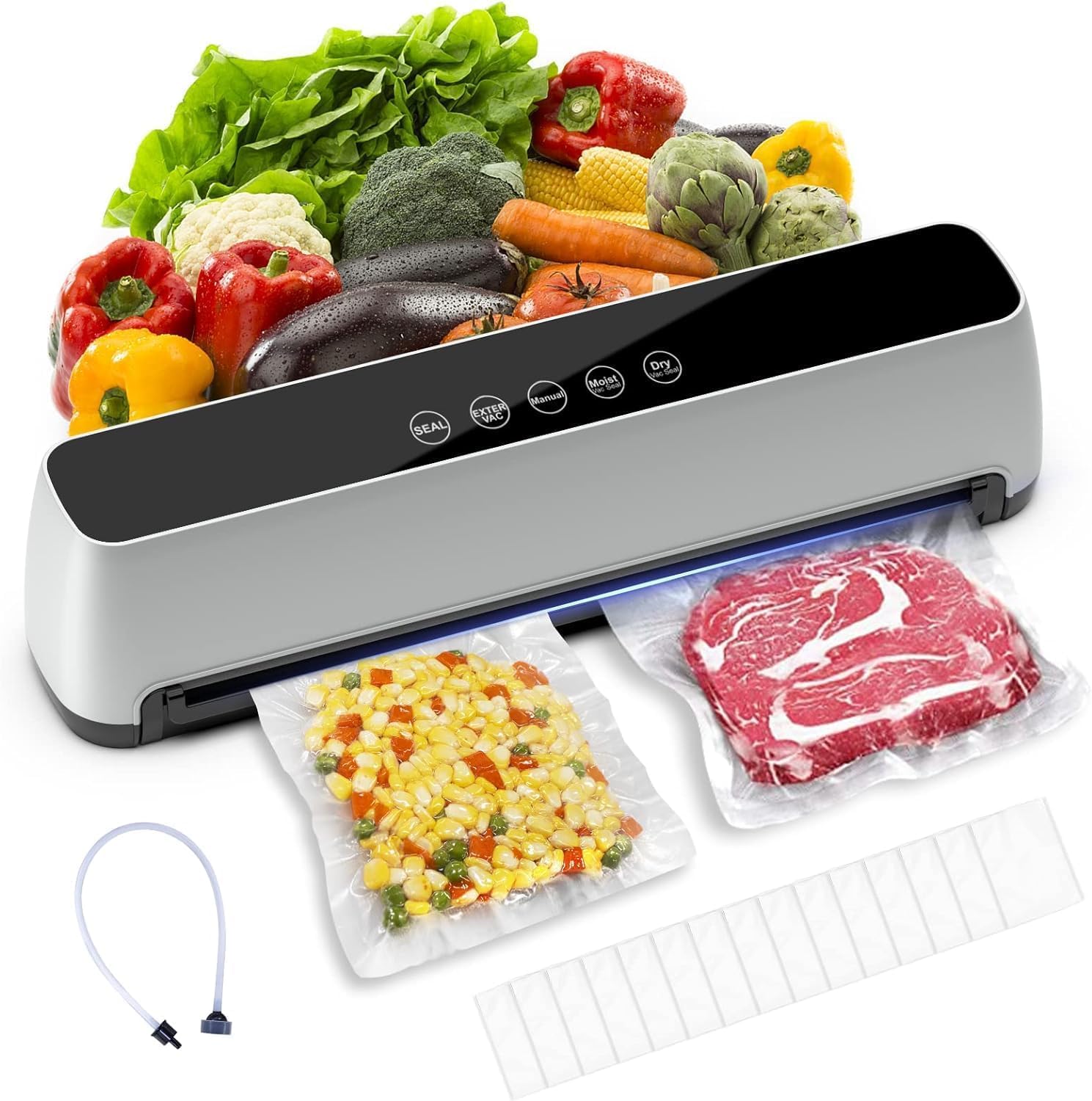 Upgraded Automatic Vacuum Sealer Machine with LED Touch Screen - Dry & Moist Food Modes, Air Sealing System - Includes 15 Seal Bags & Hose for Home Kitchen, Meal Prep, Sous Vide, and Long-Term Food Storage