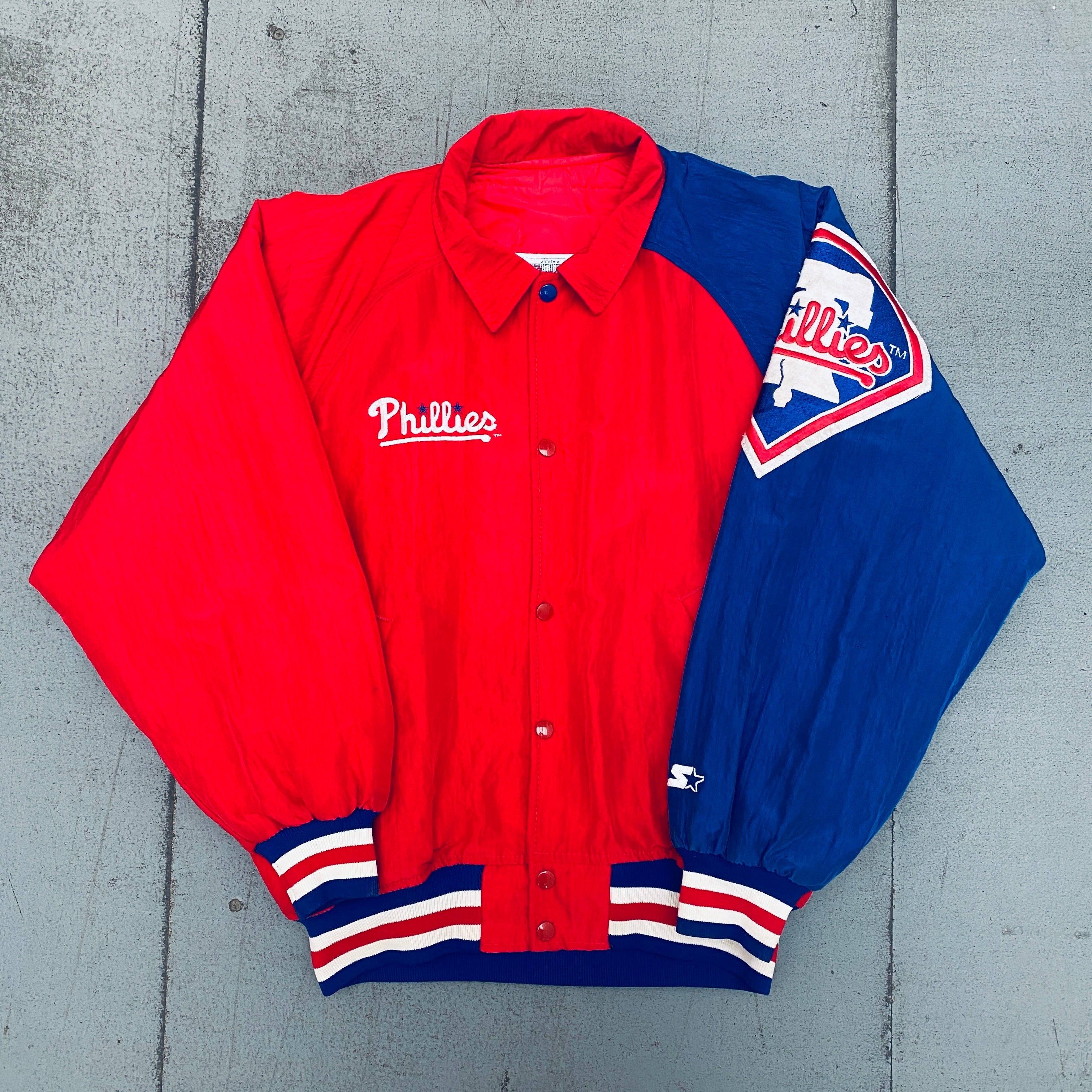 Philadelphia Phillies 1990s Vintage Diamond Collection Dugout Starter Bomber Jacket for Men (Medium/Large) - Retro Baseball Outerwear for Game Day & Casual Streetwear