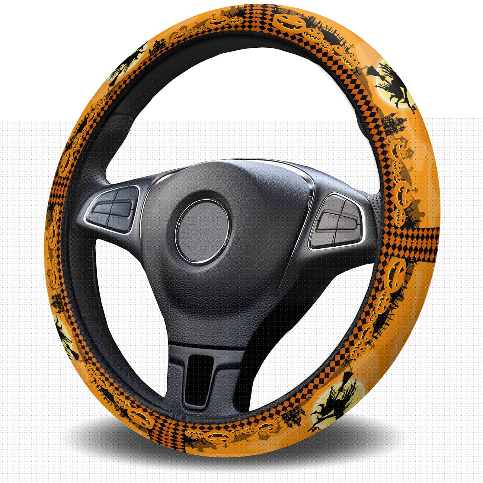 Premium Black Cat & Jack-O'-Lantern Halloween Steering Wheel Cover - Elastic Sponge Grip, Non-Slip Protection for Cars, SUVs, Vans & Trucks | Perfect for Spooky Season Decor & Safe Night Driving