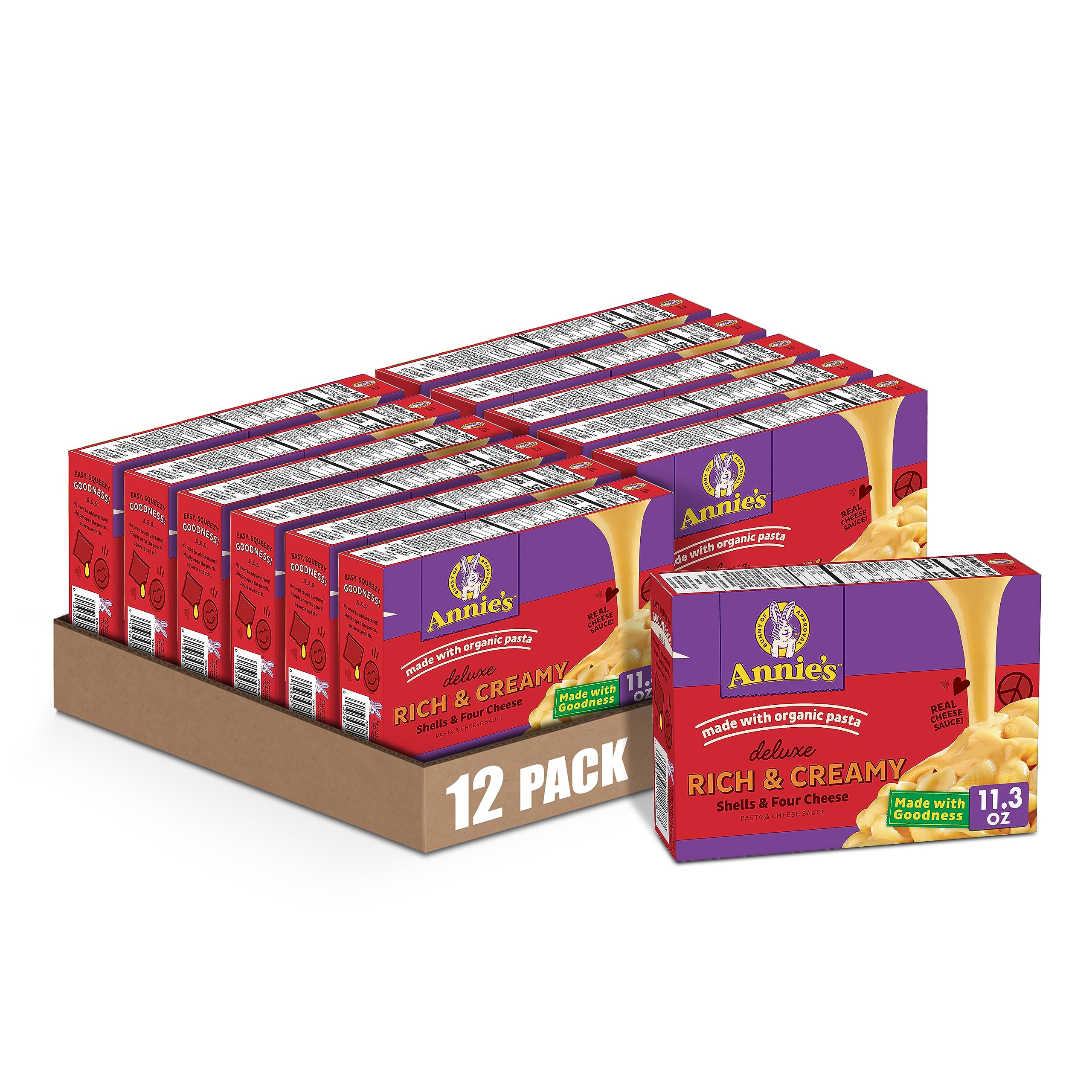 Organic Annie's Deluxe Macaroni and Cheese - Shell Pasta with 4 Cheese Blend, 11.3 oz (Pack of 12) | Quick & Easy Family Dinner, Kids Lunch, Comfort Food for Parties & Weeknight Meals