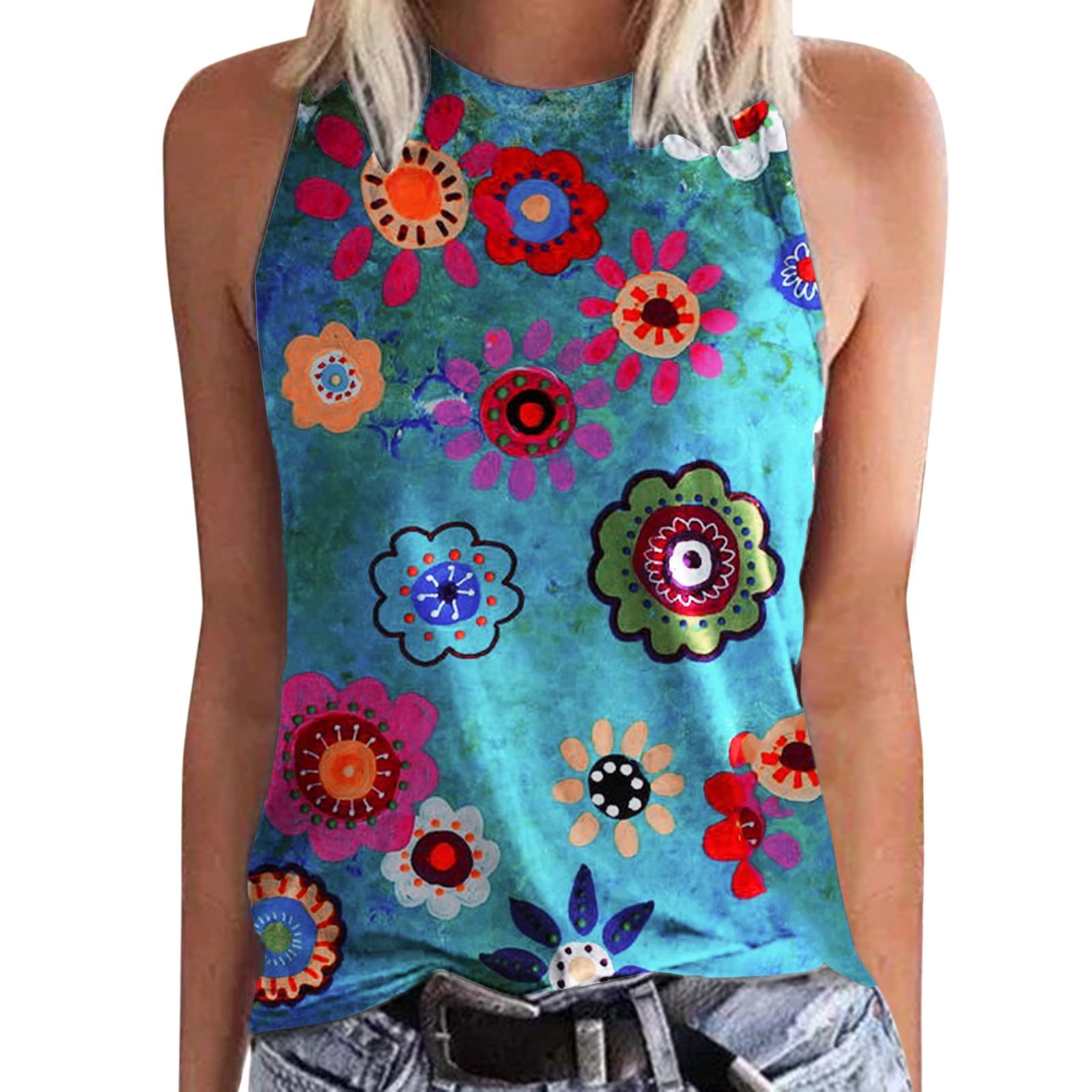 Smooto Women's Summer Sleeveless Crew Neck Tank Top - Casual Basic Sugar Skull Graphic Tee - Blue Size L | Perfect for Beach Outings, Music Festivals & Summer Casual Wear