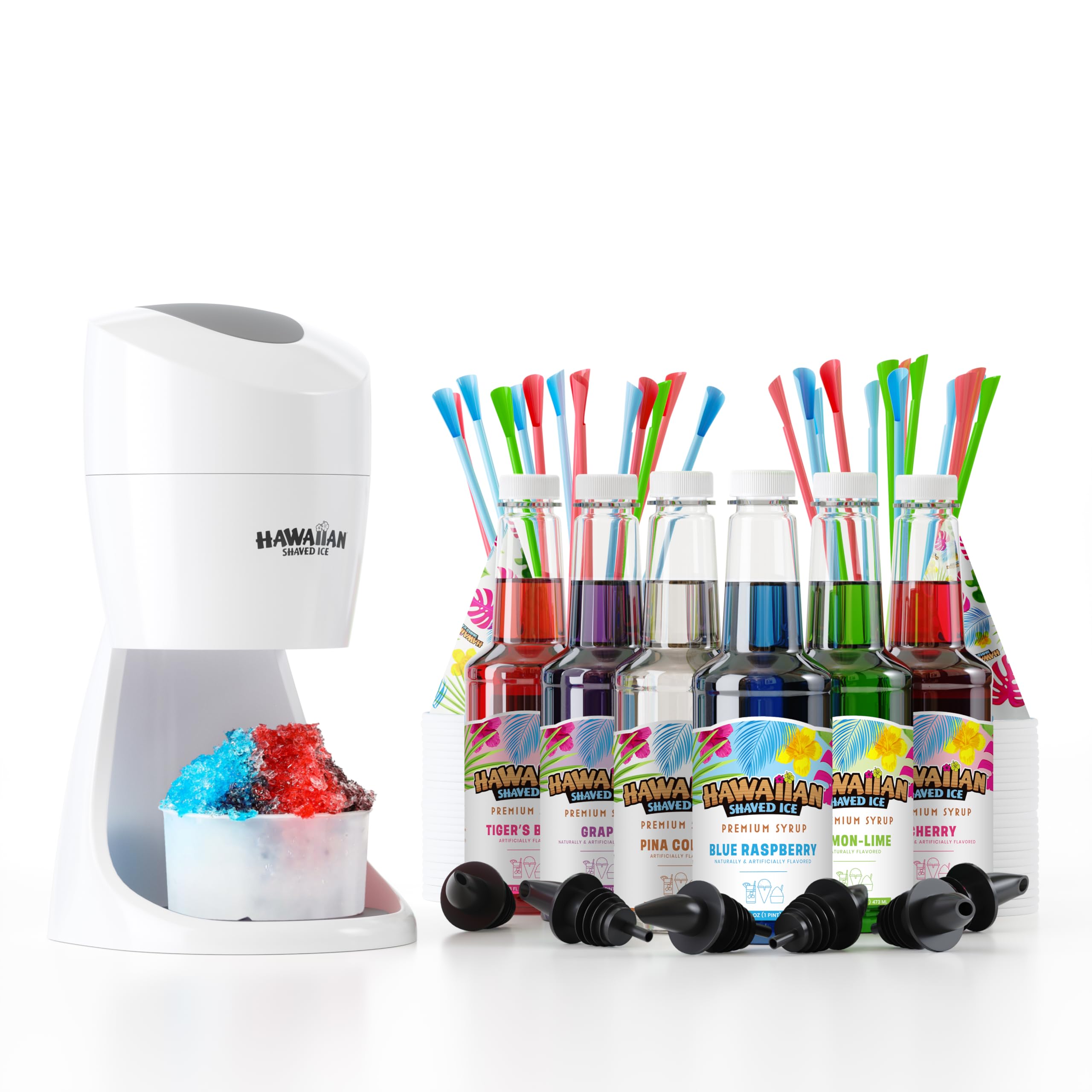 Premium Hawaiian Shaved Ice Machine S900A with 6 Flavor Snow Cone Syrup Kit - Includes Paper Cups, Spoon Straws & Bottle Pourers for Easy Serving - Perfect for Parties, Events & Home Use