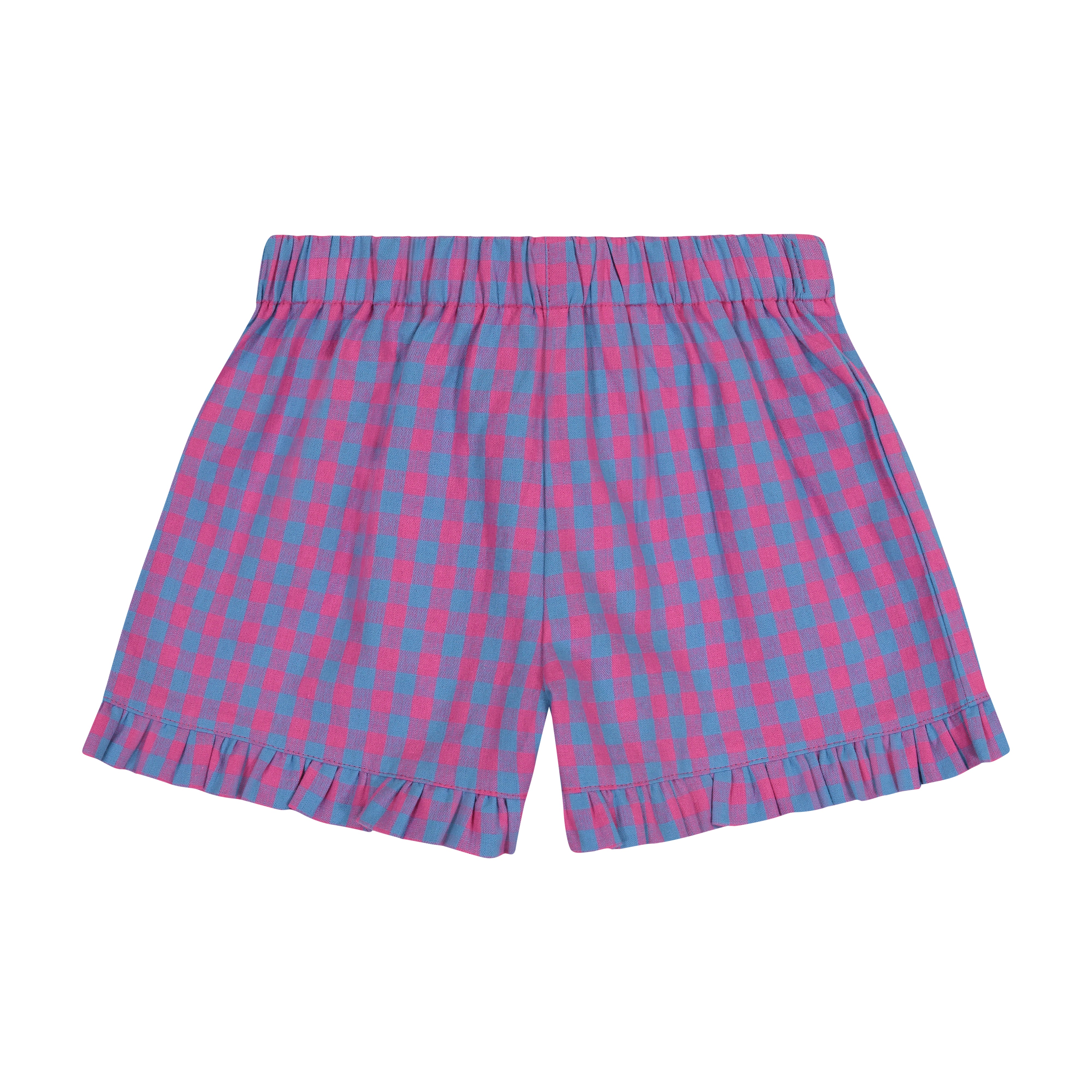 Lee Lee Women's Ruffle Shorts - Pink & Blue Gingham Check Pattern Summer Casual Shorts for Beach, Picnic, and Vacation Outfits