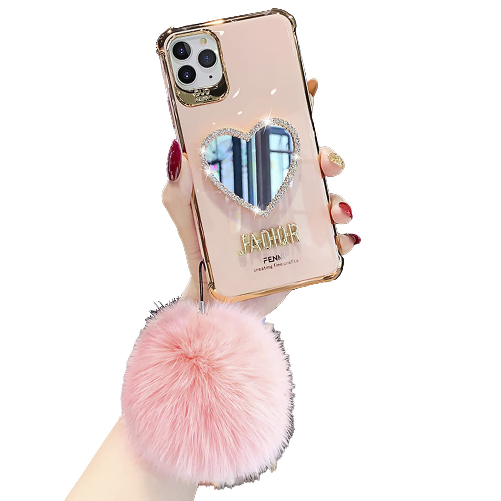 Luxury Bling Heart-Shaped Phone Case for iPhone 12 Pro Max - Girly Cute Shining Protective Cover with Mirror, Perfect for Makeup Touch-Ups & Selfies (Pink)