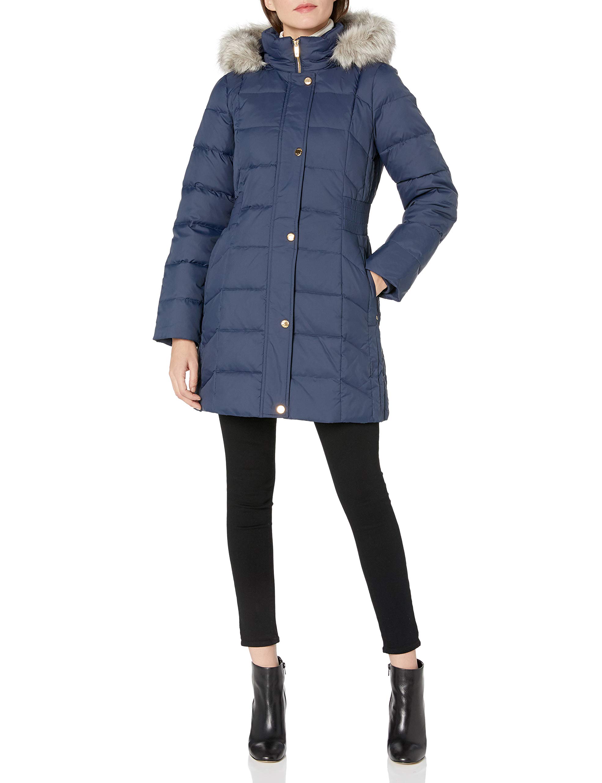Anne Klein Women's Hooded Quilted Winter Coat with Elastic Waist - Warm Fleece-Lined Jacket for Cold Weather, Outdoor Activities & Casual Wear