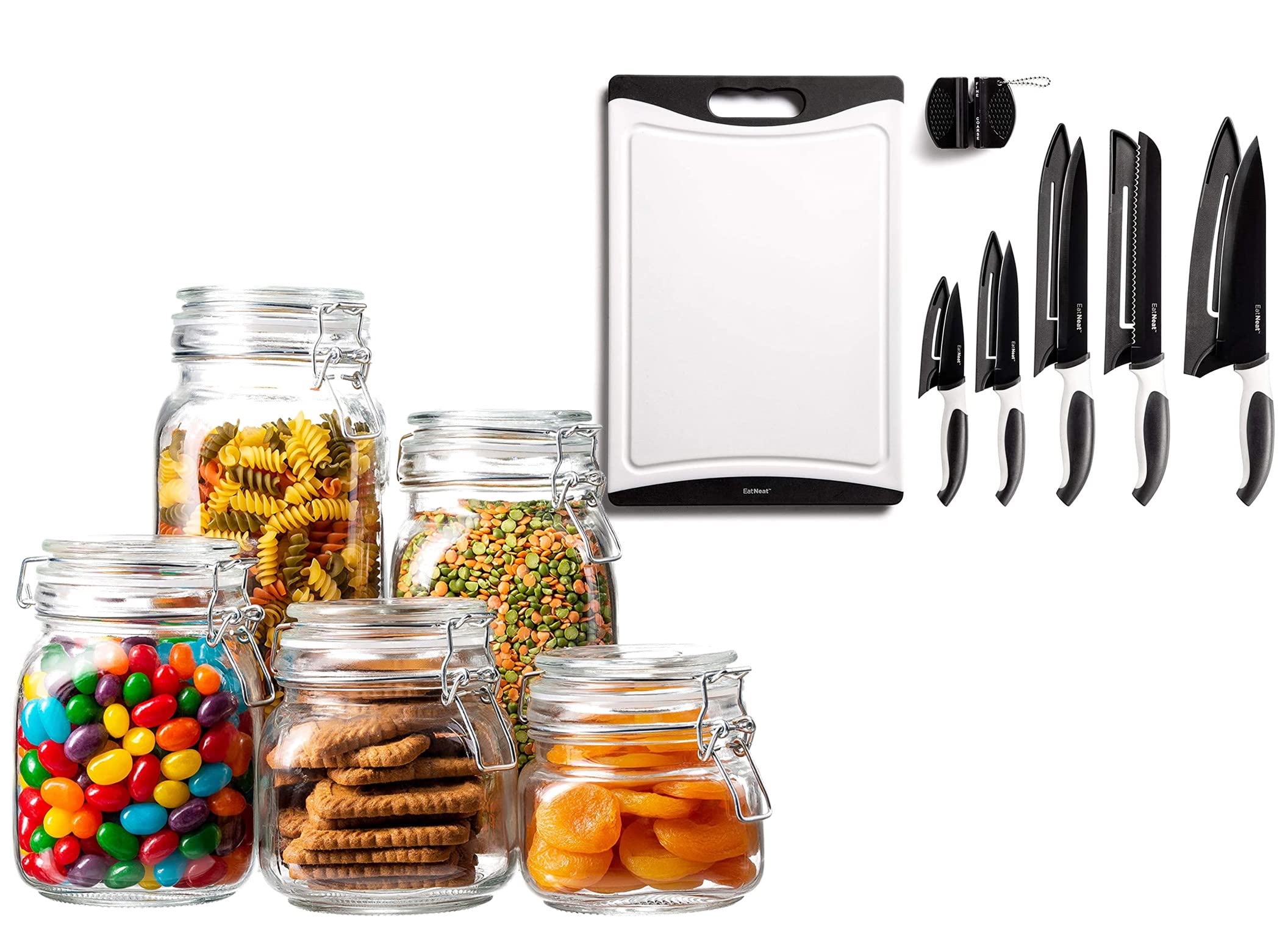 EatNeat 12-Piece Knife Set & 5 Glass Canisters - Perfect for Kitchen Storage & Cooking