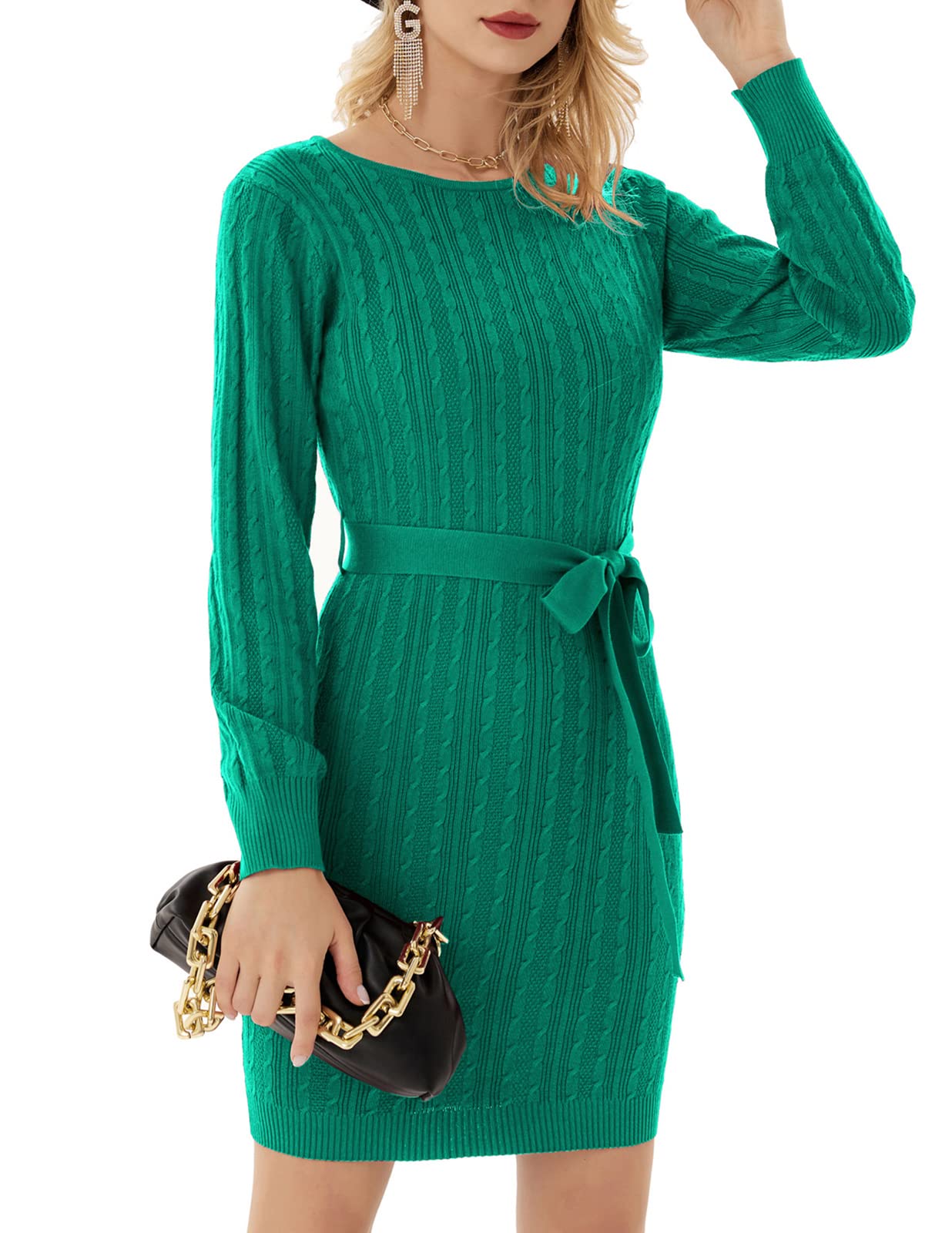 GRACE KARIN Women's Knitted Mini Sweater Dress - Long Sleeve Bodycon Dress with Belt for Fall & Winter | Casual Office Wear, Date Night Outfit, Holiday Party Dress
