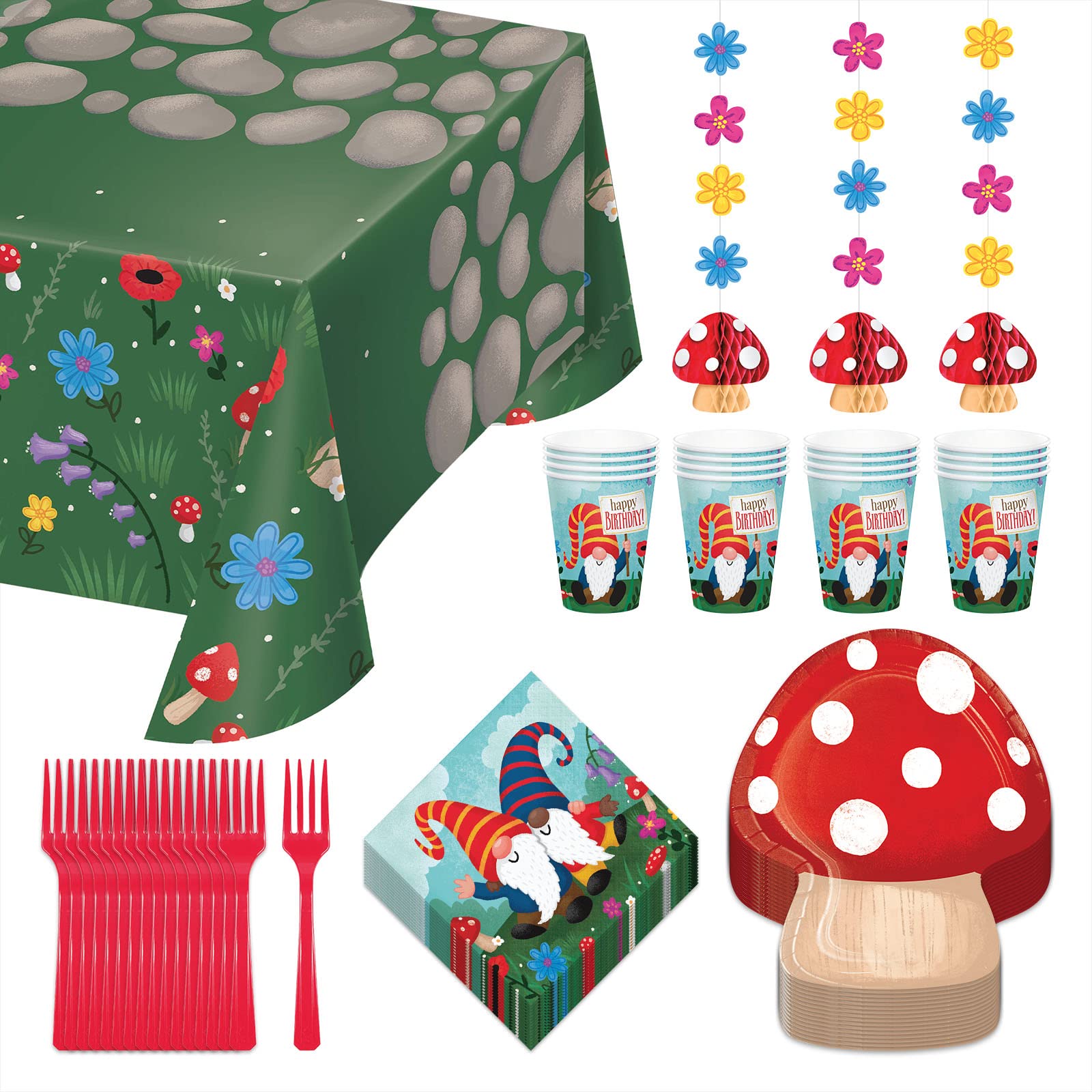 Forest Mushroom Garden Party Gnomes Dinnerware Set - 16-Piece Paper Plates, Napkins, Cups, Forks, Table Cover & Hanging Cutouts for Outdoor Picnics, Birthday Parties & Themed Events