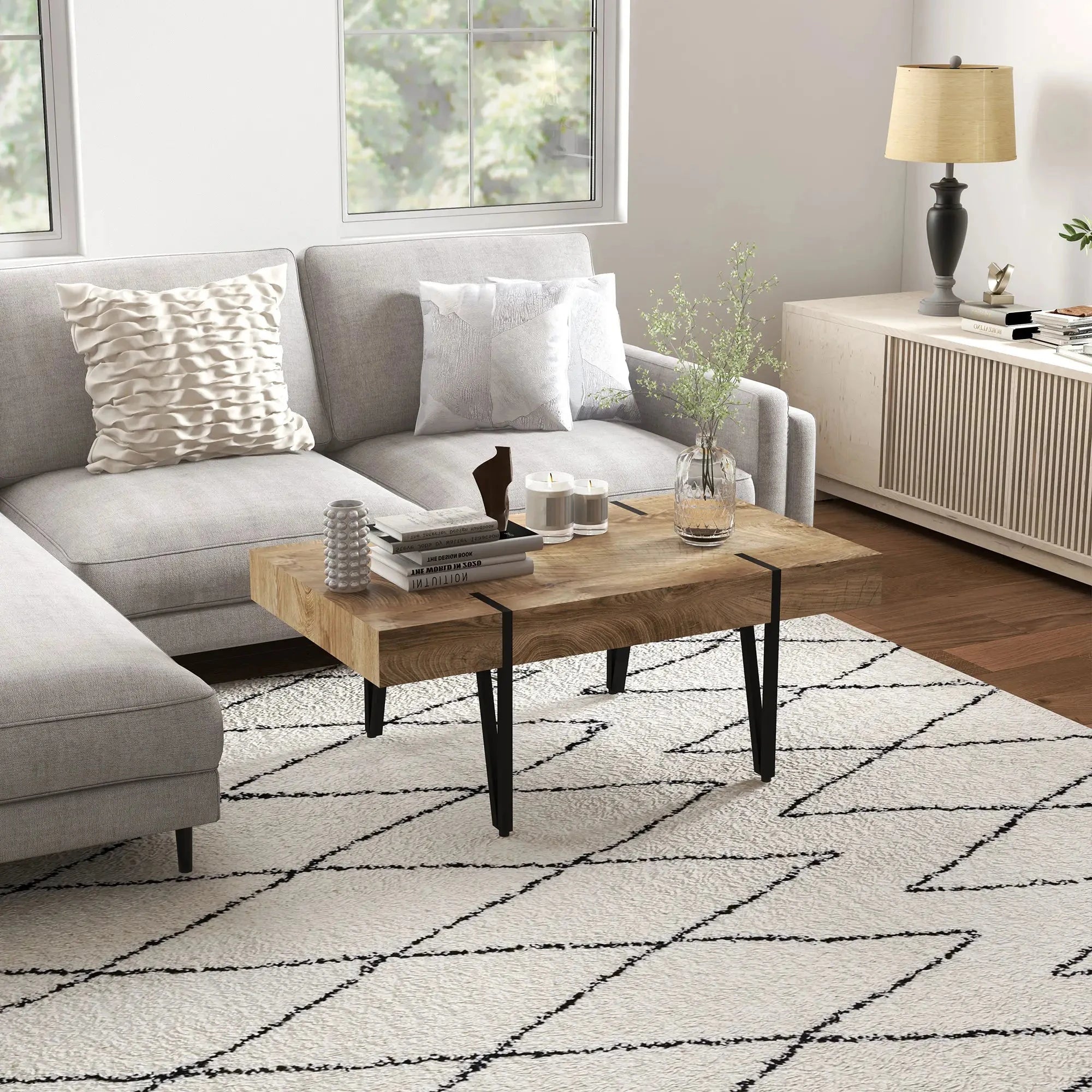 Rustic Coffee Table with Steel Hairpin Legs - Solid Natural Wood Modern Farmhouse Living Room Furniture for Home Decor & Small Spaces