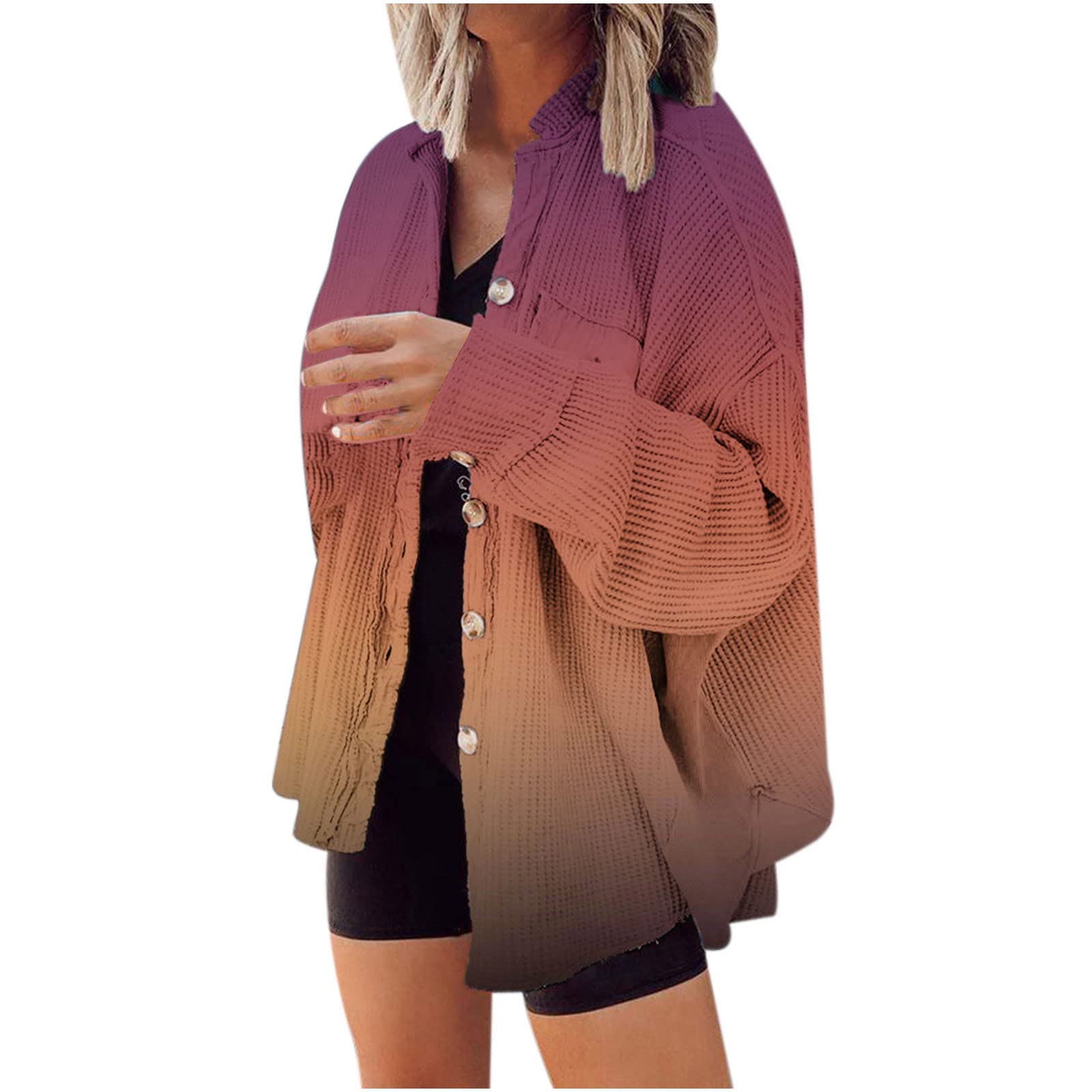 Trendy Women's Long Sleeve Ombre Tie Dye Shacket Jacket - Fall Waffle Button Down Cropped Coat with Pockets | Perfect for Casual Outings, Layering & Autumn Fashion
